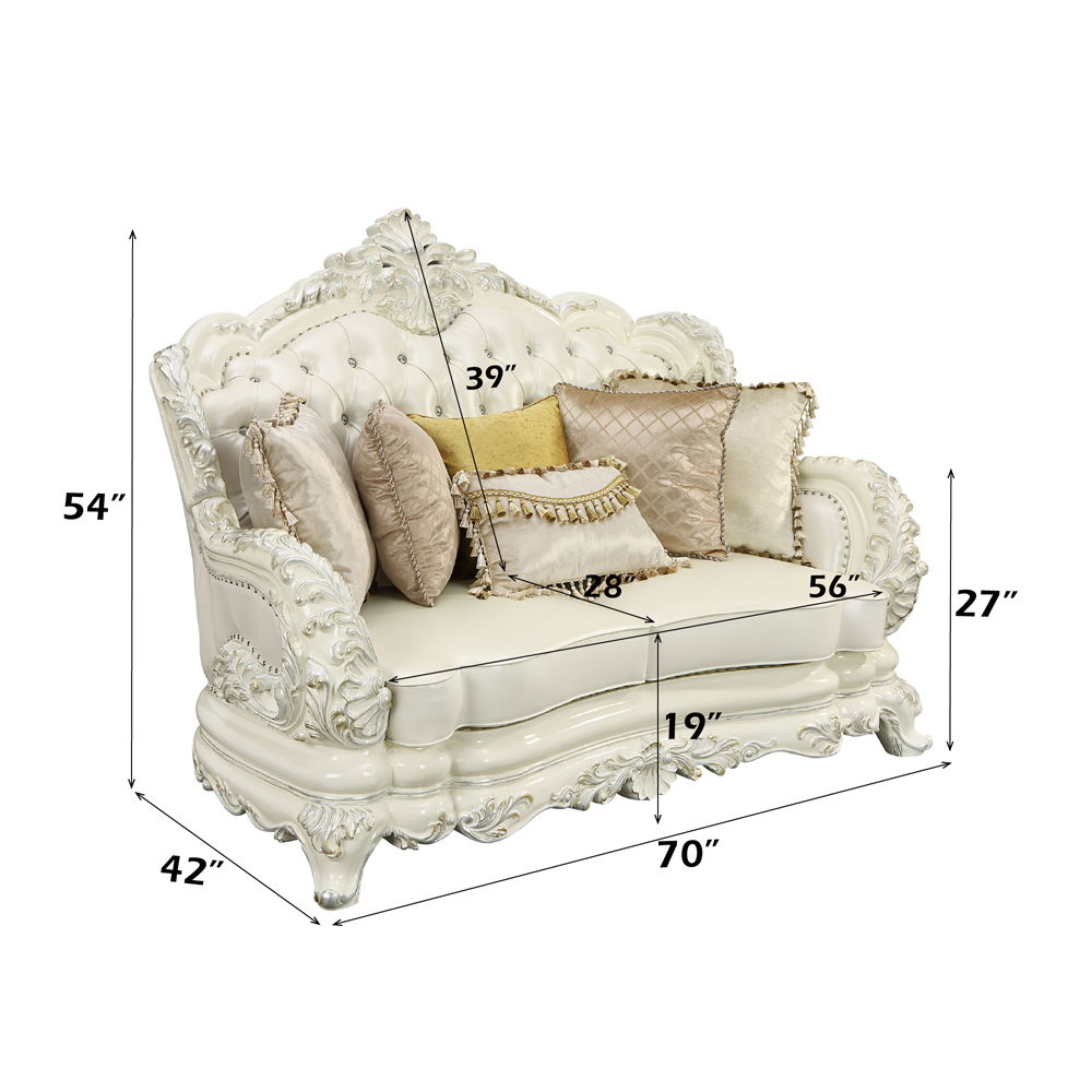 Adara - Loveseat With 5 Pillows - Pearl White Synthetic Leather & Antique White, white, view 3
