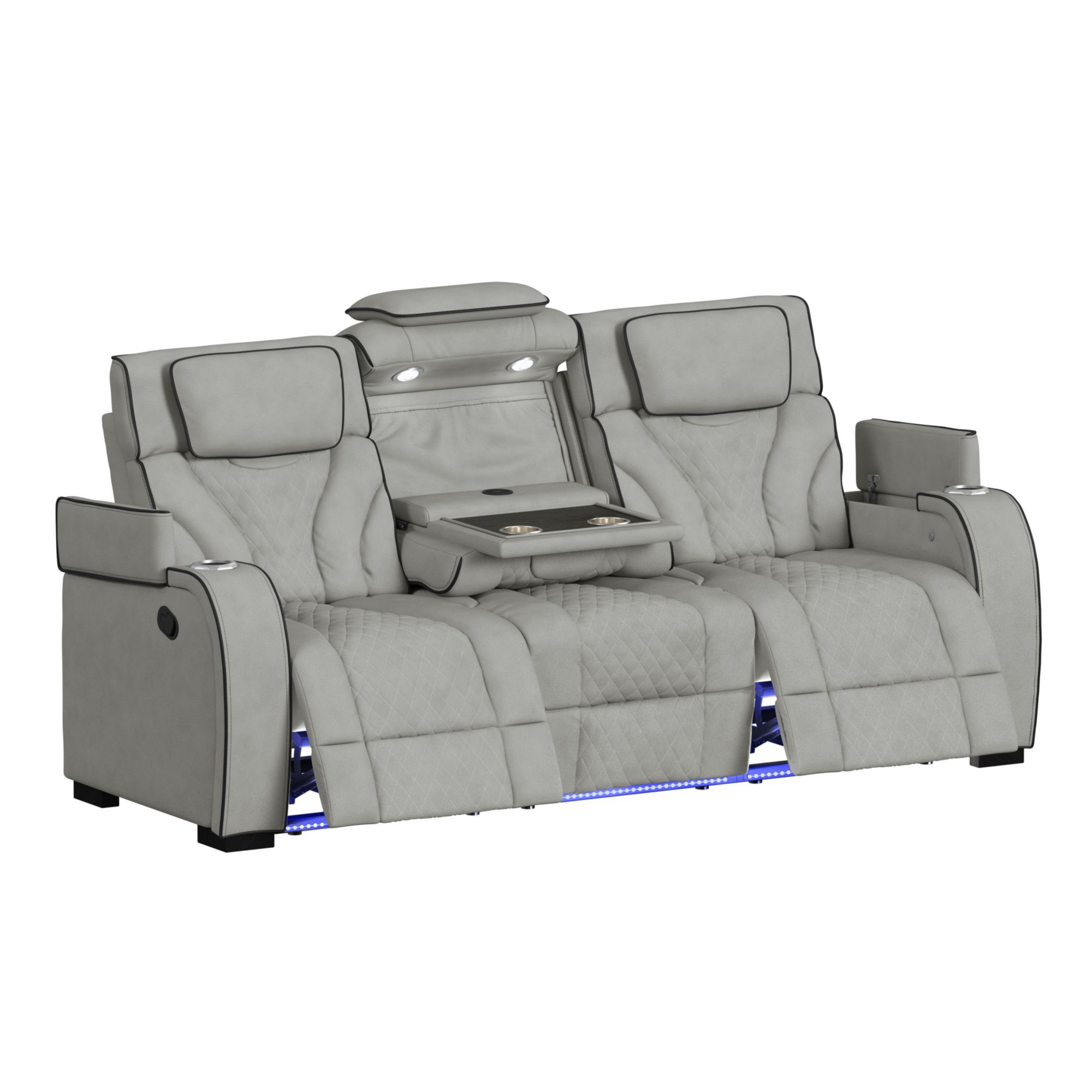 Blitz - Motion Sofa With DDT, Reading Light, Wireless Charger And LED - Simba Taupe And Black Welt