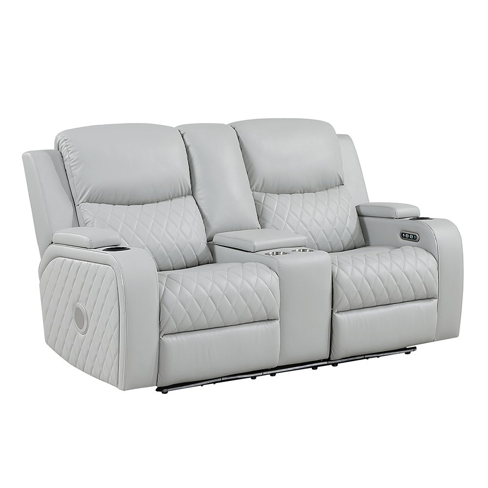 Elonzo - Power Motion Loveseat With Console, LED, Power Headrest & Speaker - Light Gray, light gray, view 2