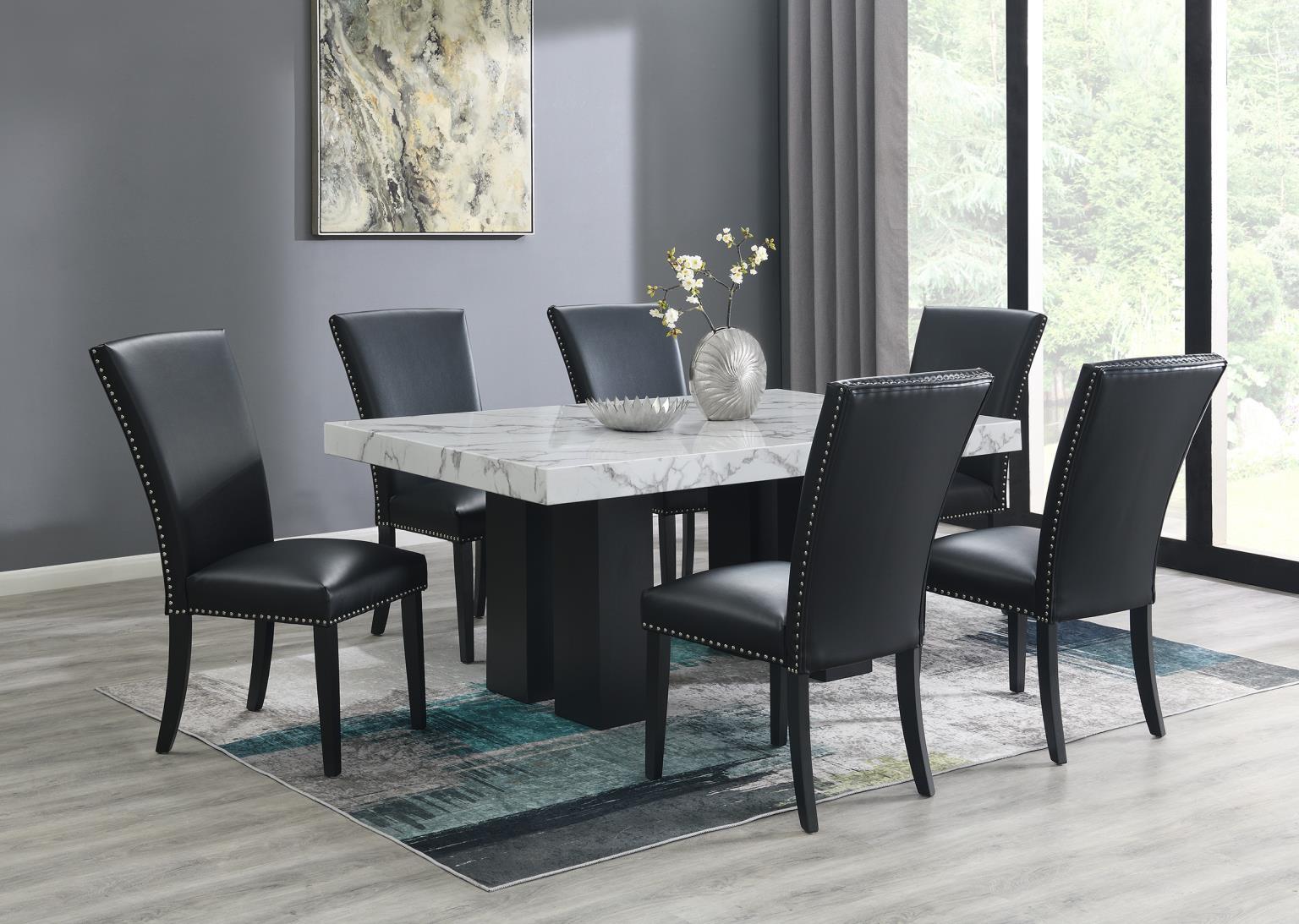D131 - 7 Piece Dining Room Set (Table, 6 Faux Leather Chairs) - Black / White