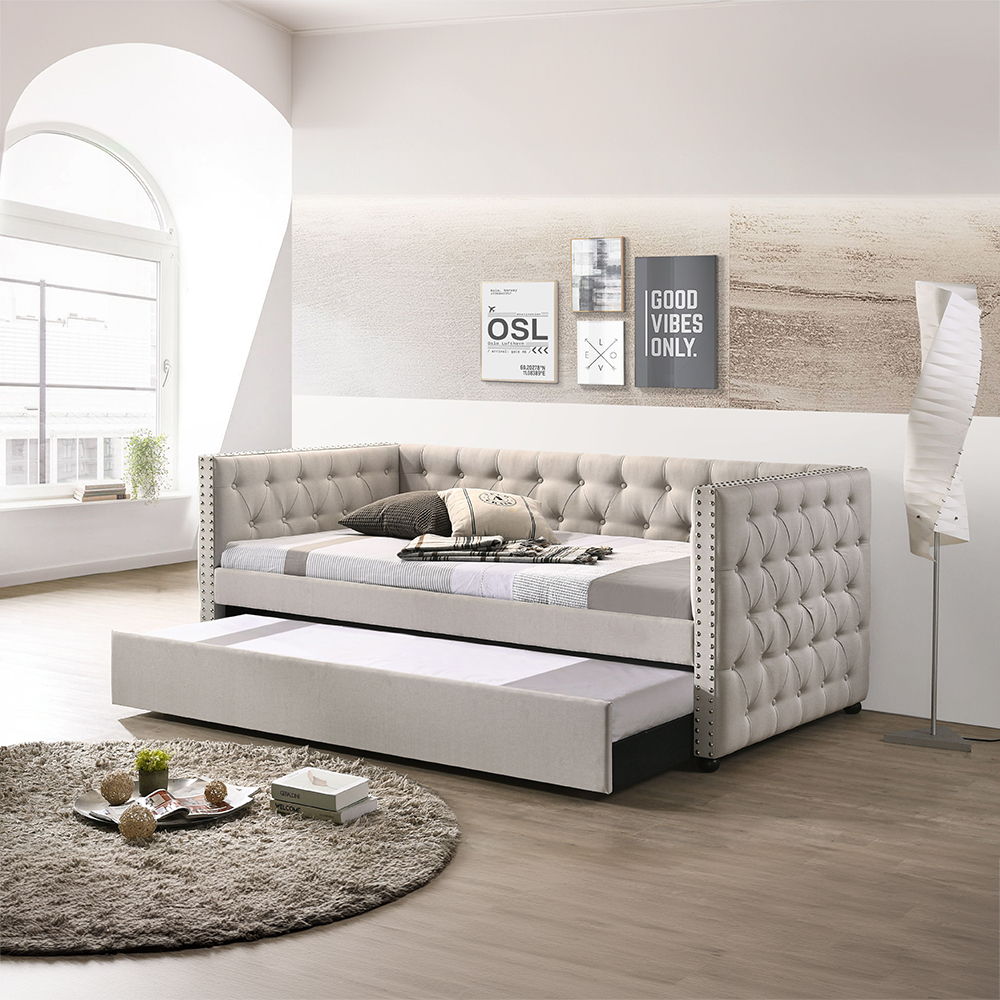 Romona - Twin Daybed With Trundle - Beige Fabric, beige