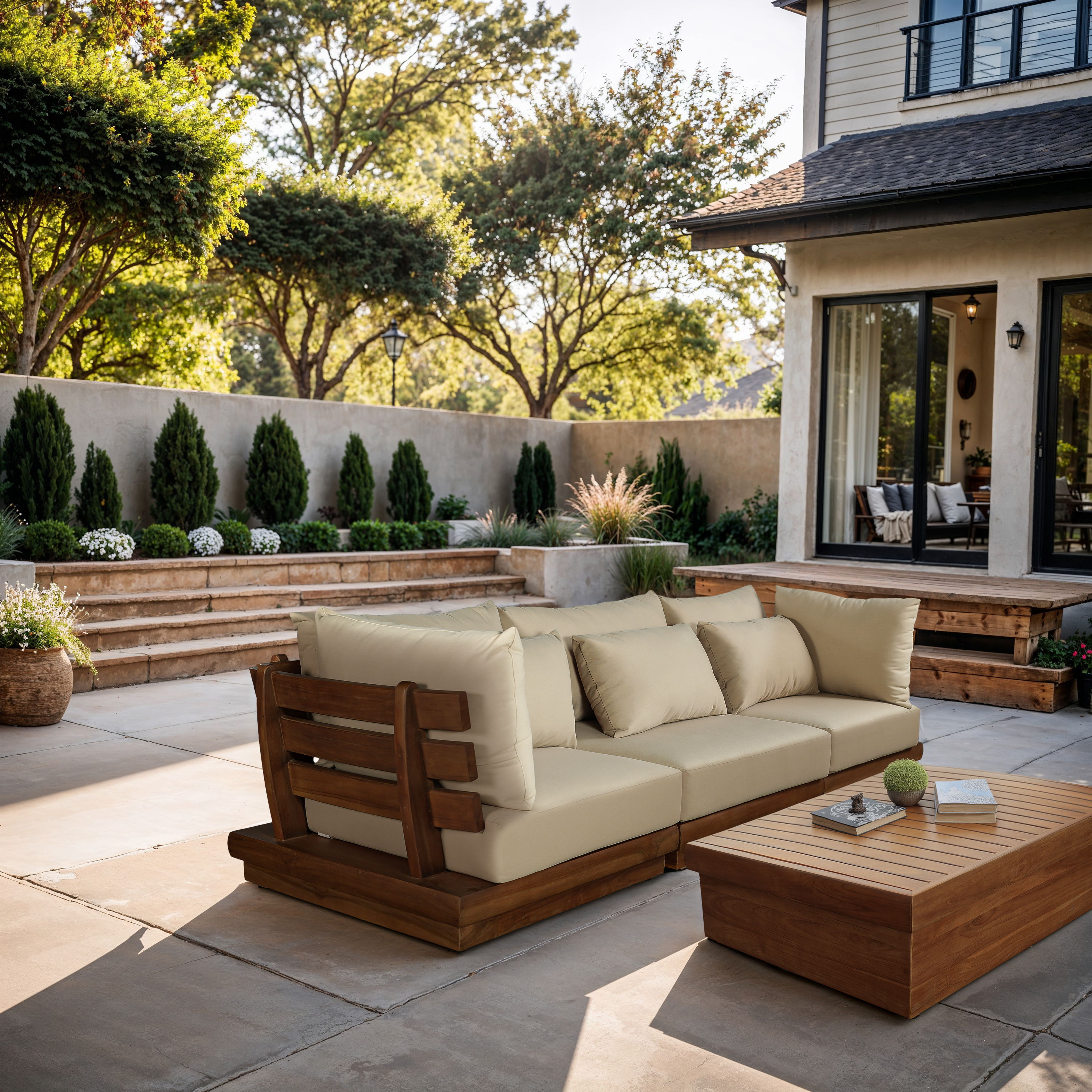 Mirella - 3 Piece Water Resistant Fabric 113" Outdoor Patio Modular Sofa - Tan