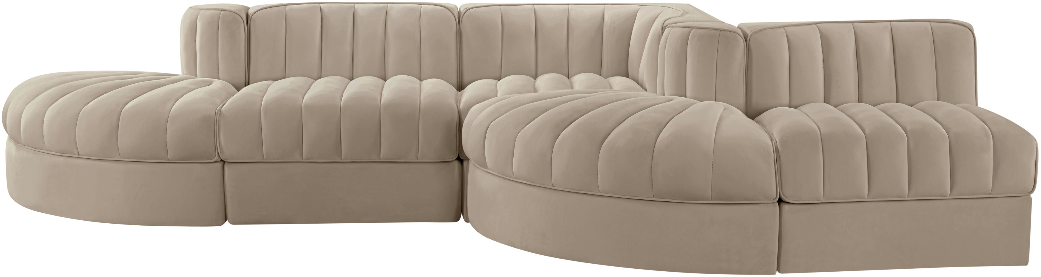 Rummi - Rounded Velvet Performance Fabric Upholstered 5 Piece Modular Sectional - Beige