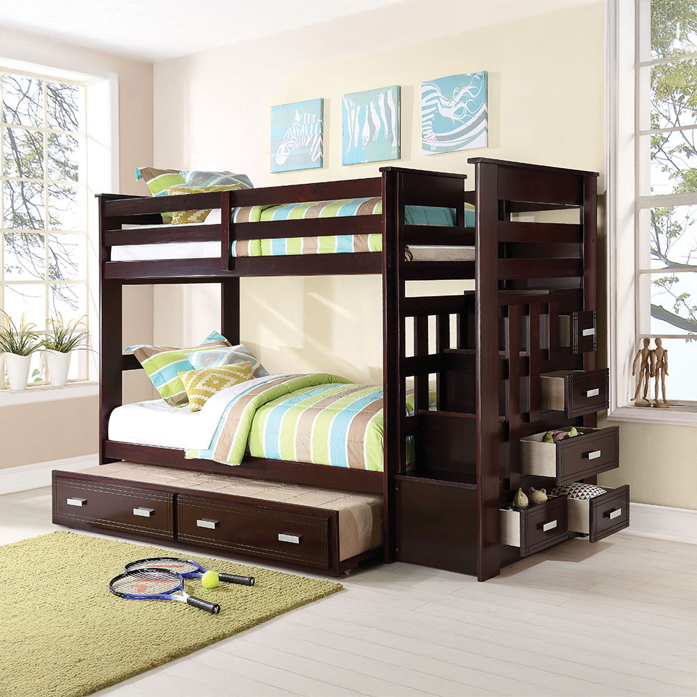 Allentown - Twin Over Twin Bunk Bed With Trundle & Storage - Espresso, dark brown