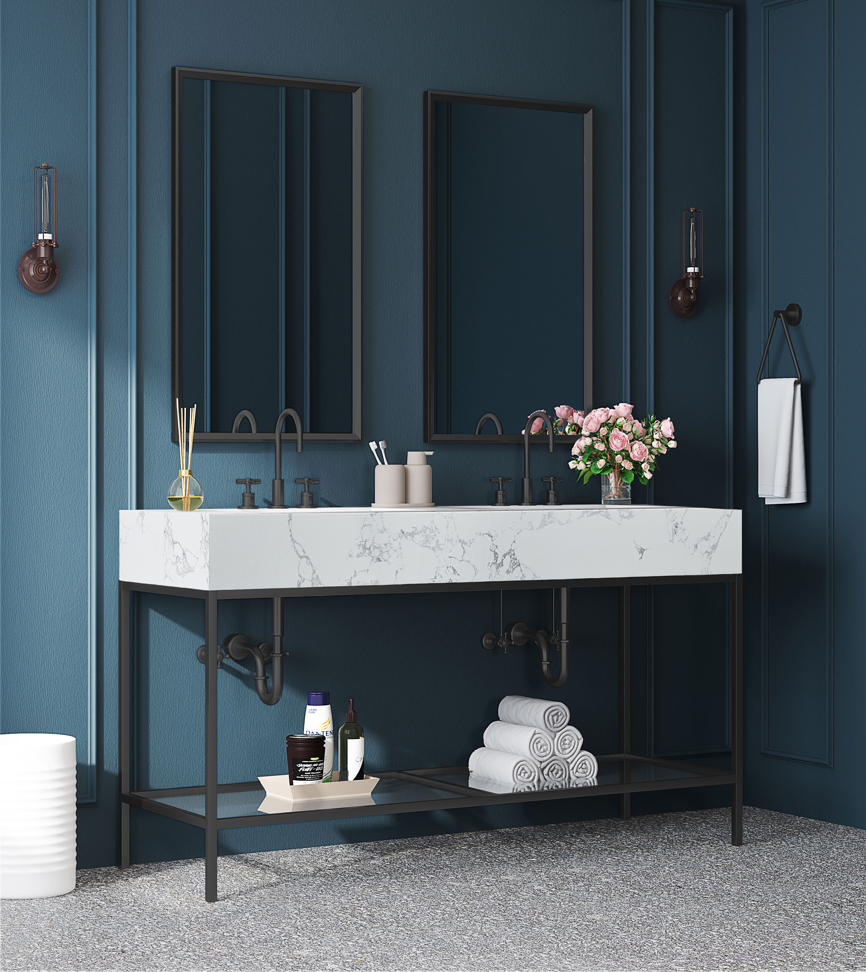 Marmo - 60" Engineered Marble Bathroom Vanity With Black Base - White