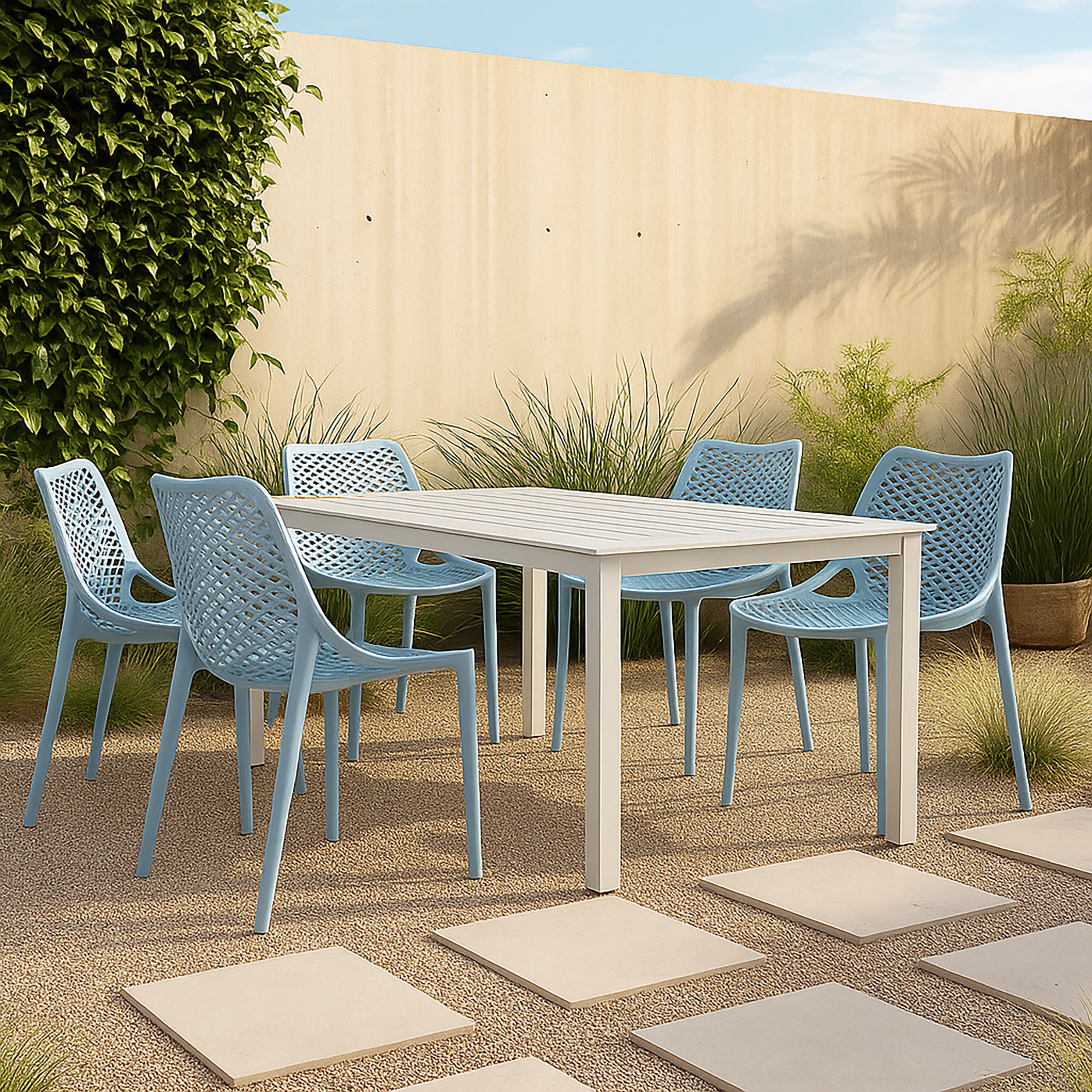 Mykonos - Plastic Outdoor Patio Dining Chair (Set of 4) - Sky Blue