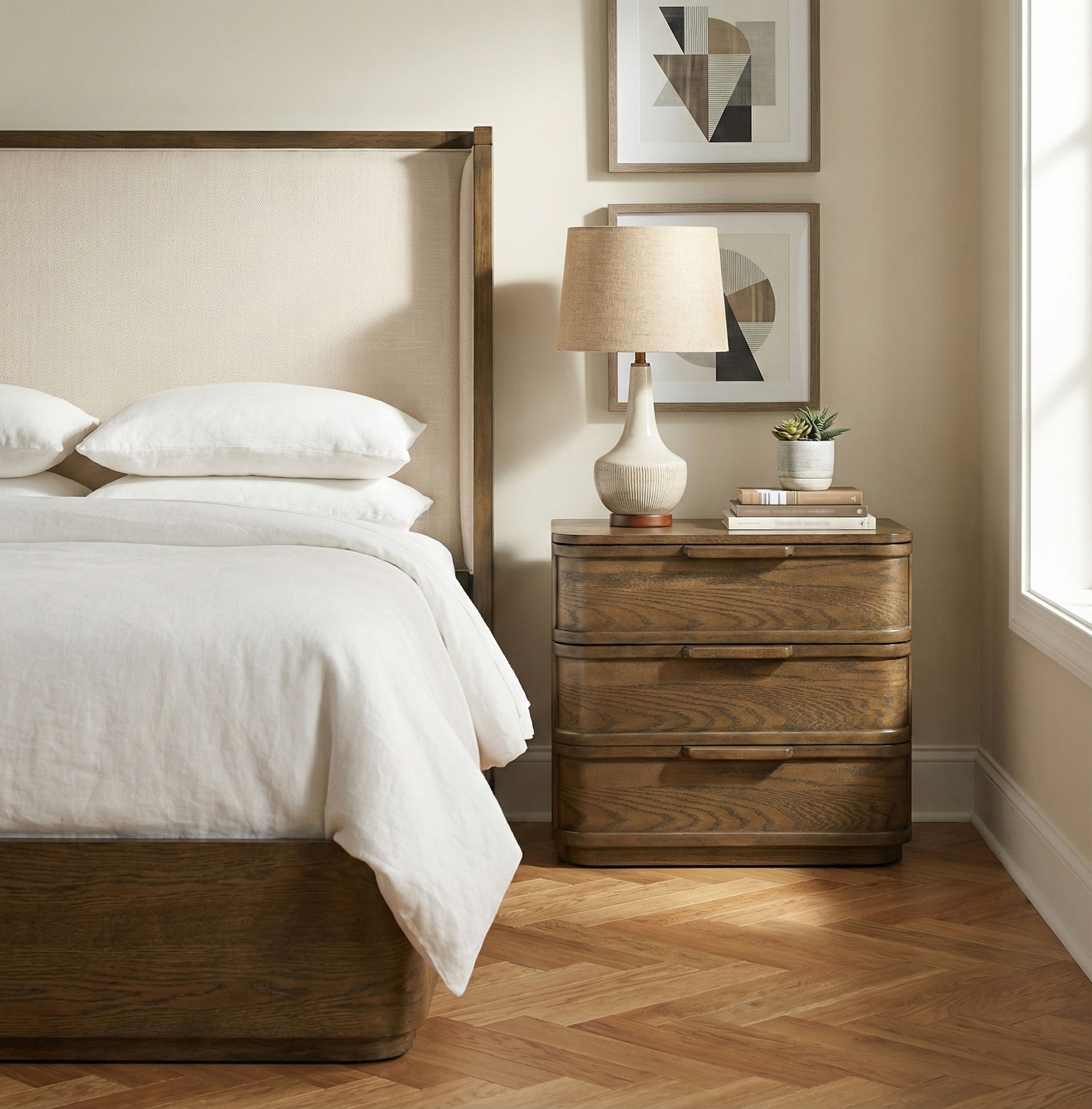 Tiberio - Oak Veneer And Solid Wood Nightstand - Brown
