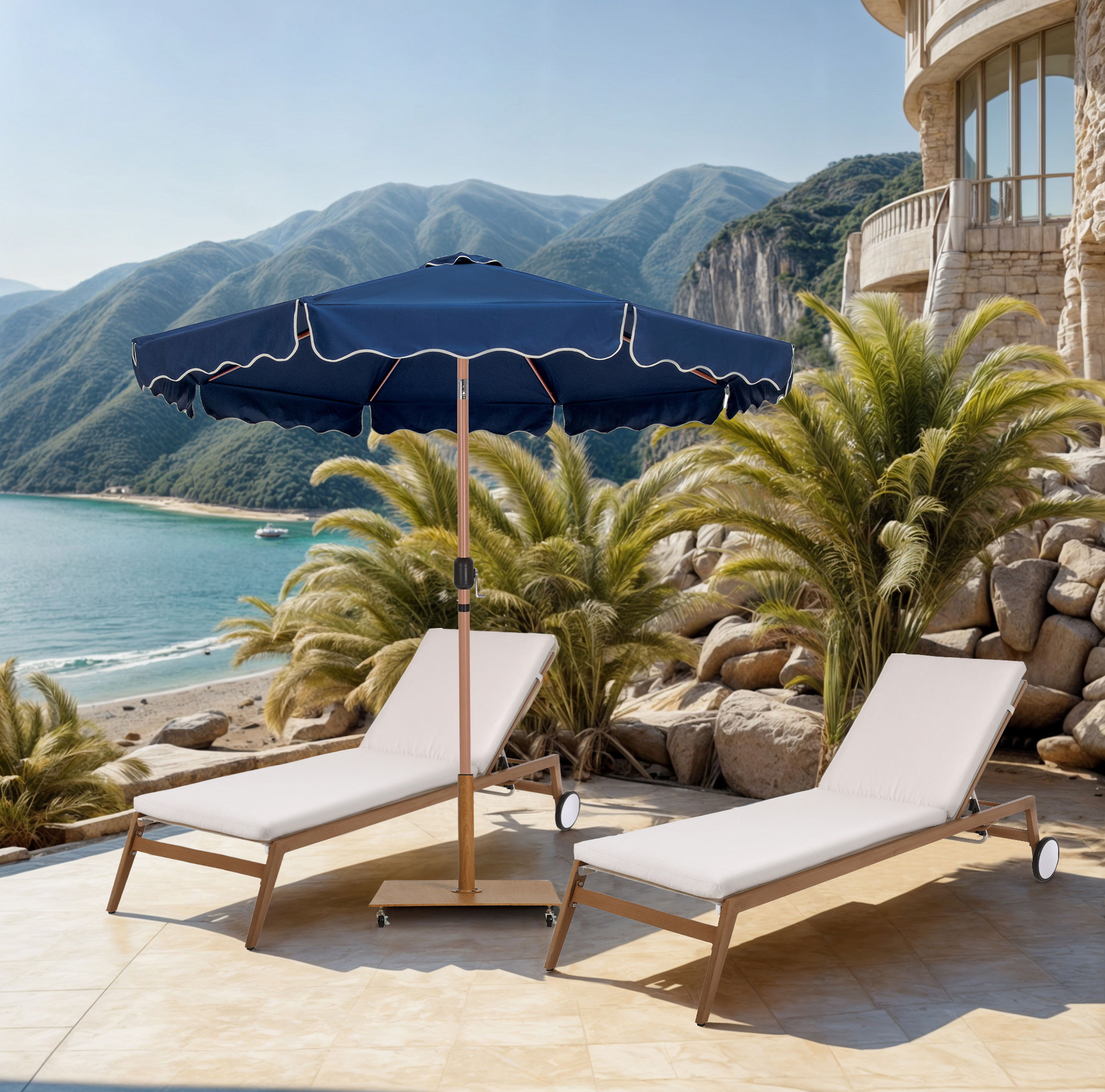 Amalfi - Fabric With Cream Piping Aluminum Patio Umbrella With Teak Base / Teak Pole - Navy