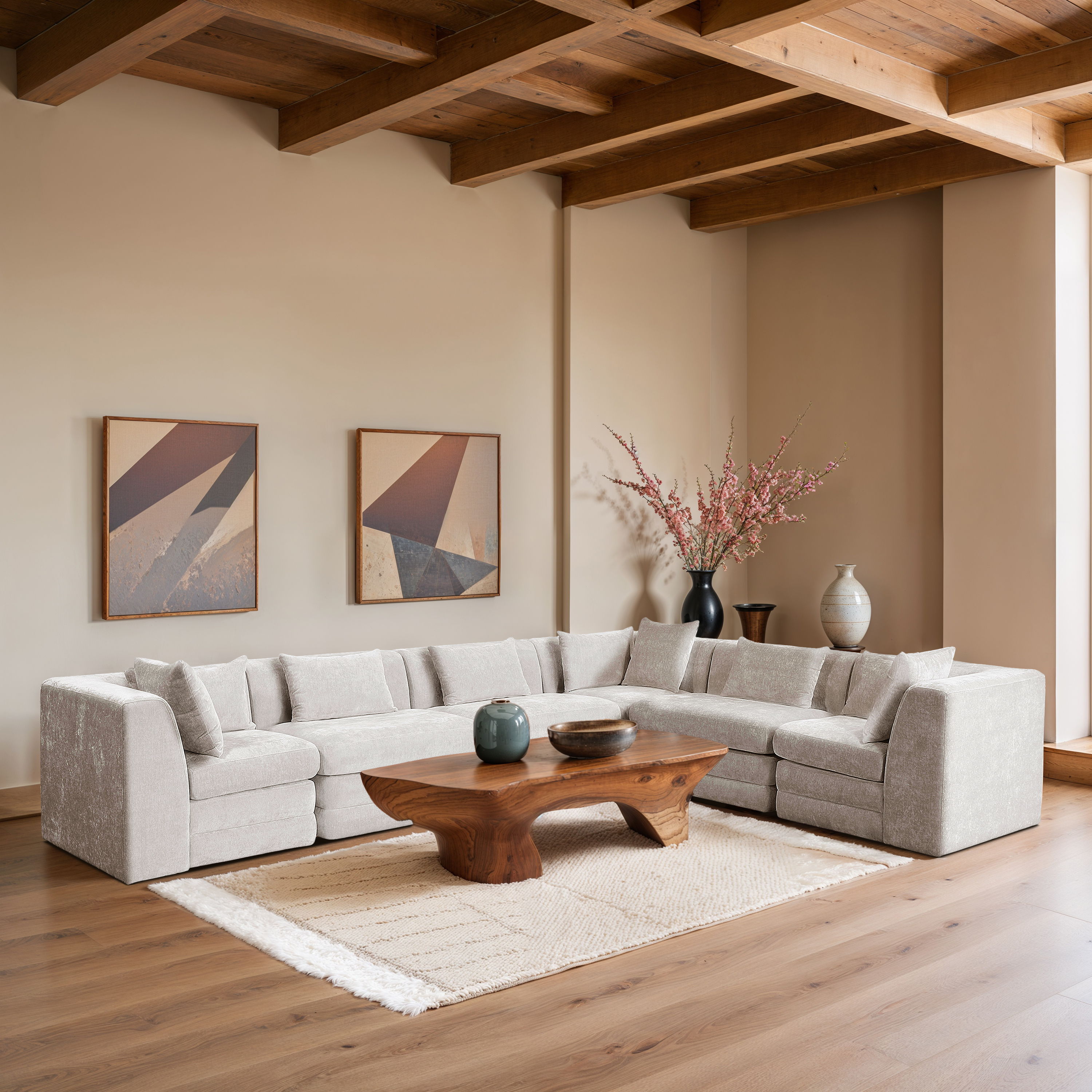 Stellar - 6 Piece Chenille Fabric 152" Upholstered Modular Sectional - Cream