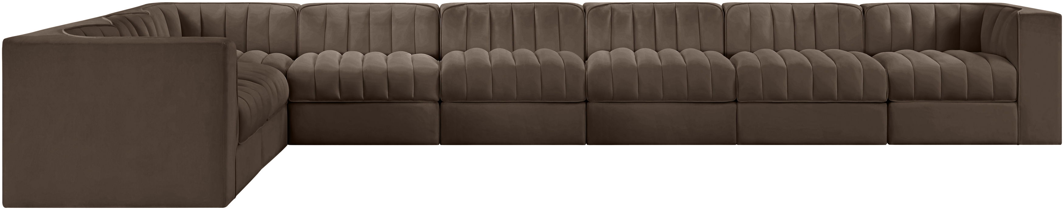 Rummi - Velvet Performance Fabric Upholstered 8 Piece Modular Sectional (With 3 Corner Chairs) - Brown