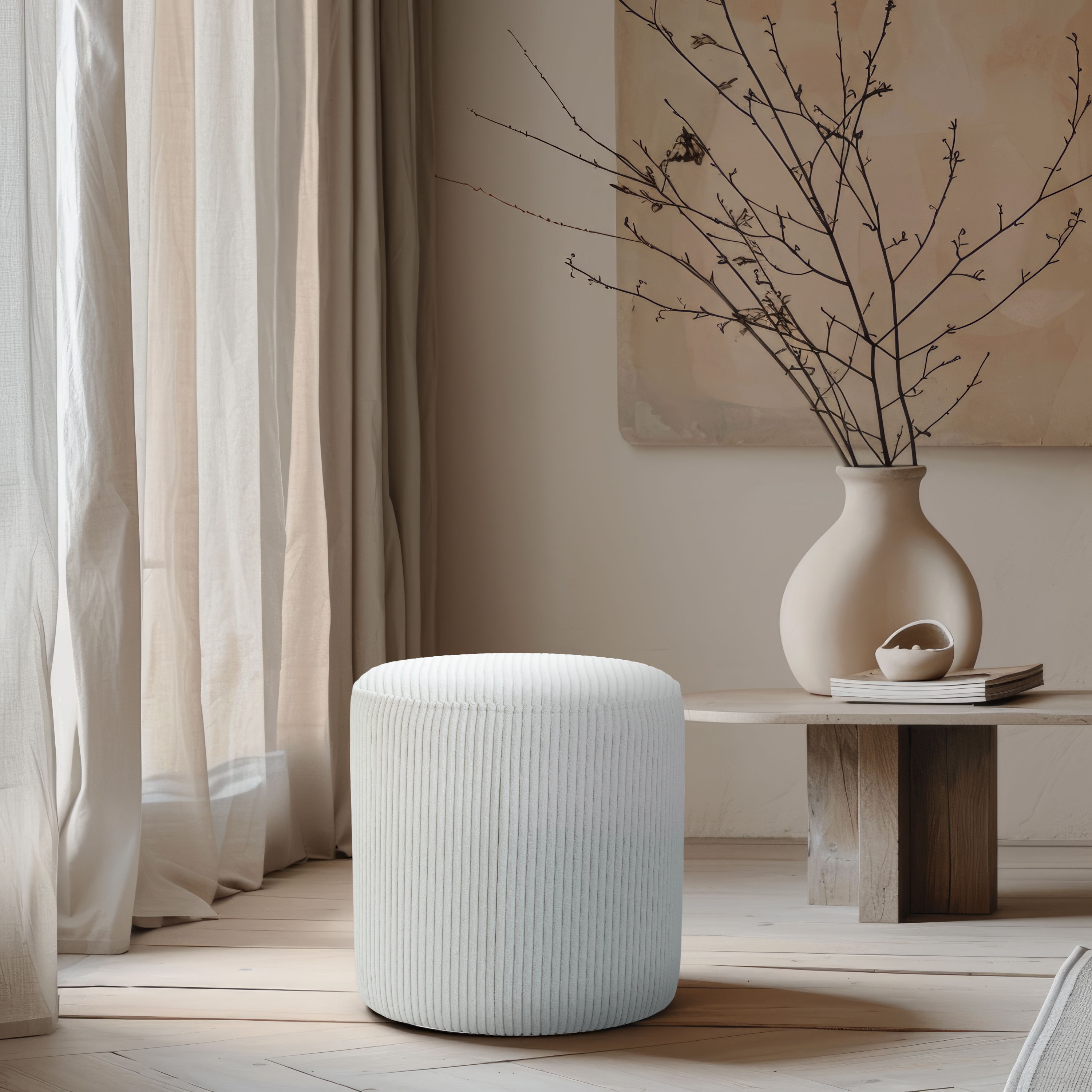 Roy - Round Microsuede Ottoman / Stool - Cream