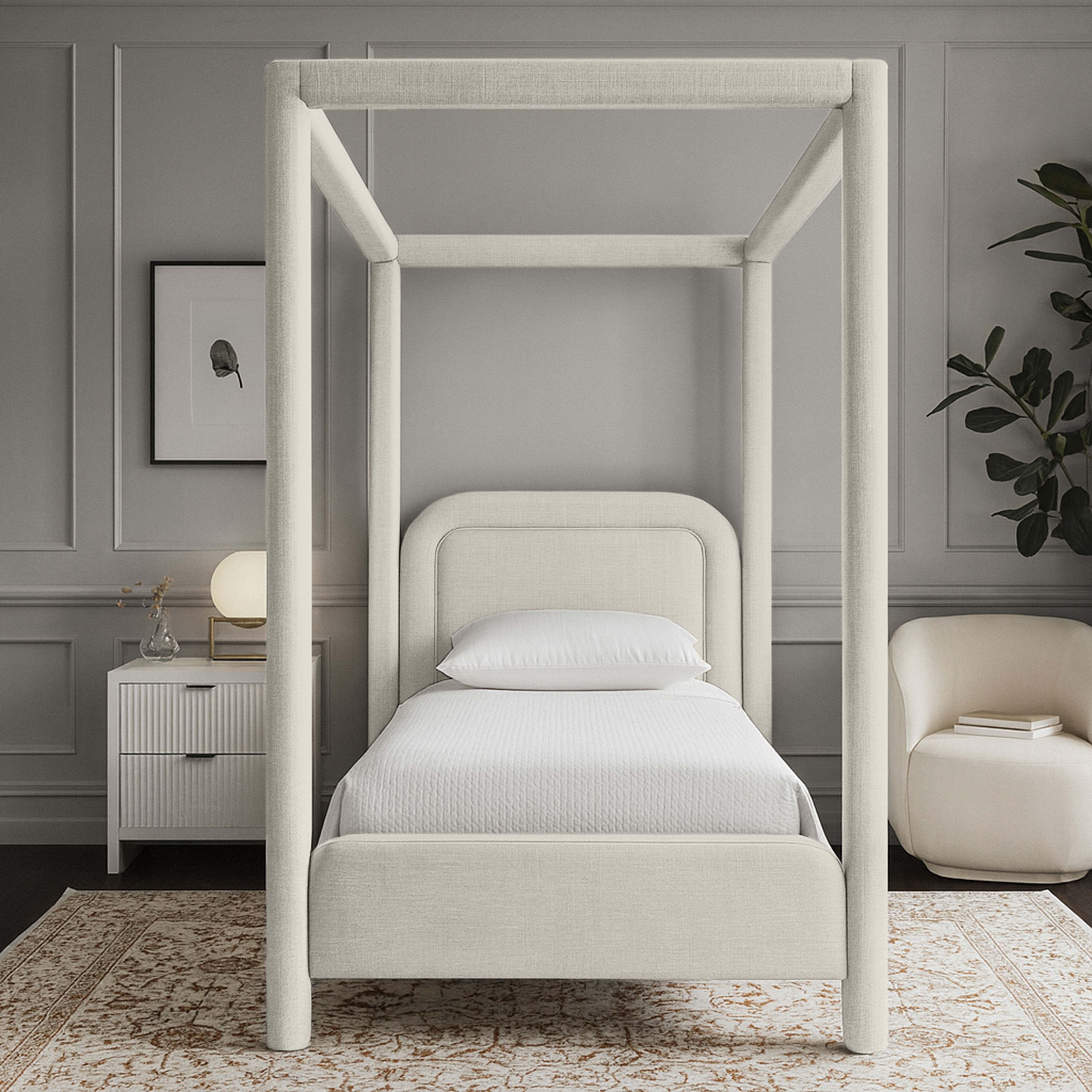 Salina - Linen Textured Fabric Upholstered Twin Bed - Cream