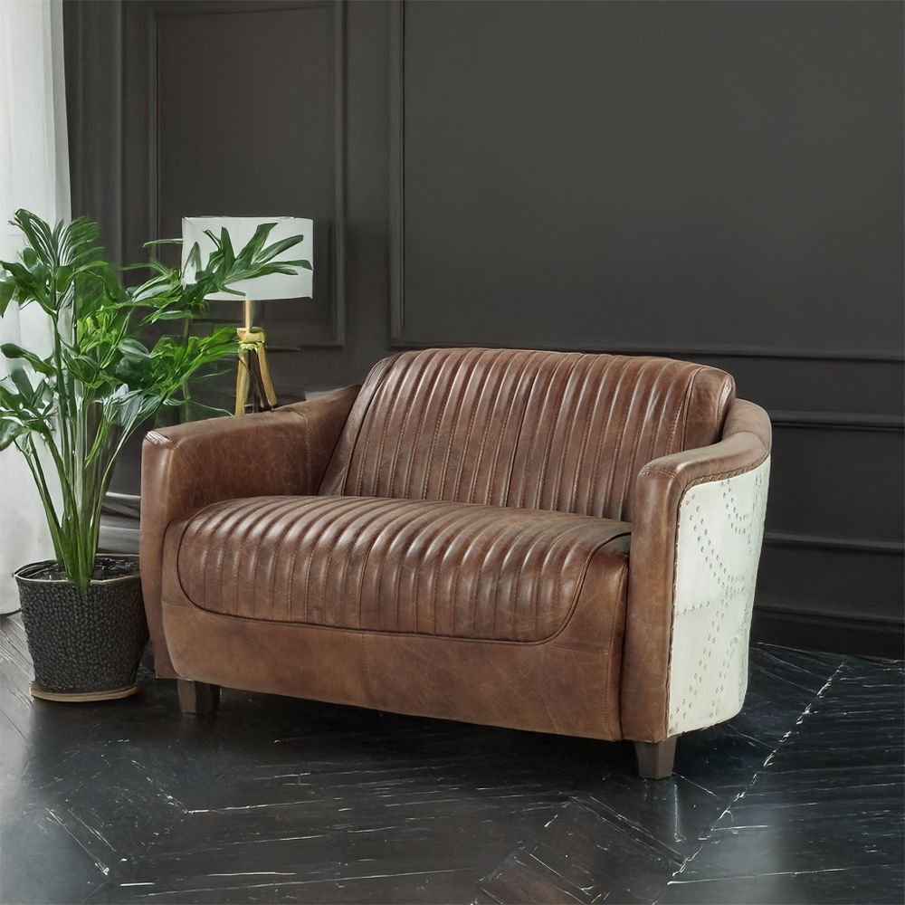 Brancaster - Loveseat - Retro Brown Top Grain Leather & Aluminum, light brown