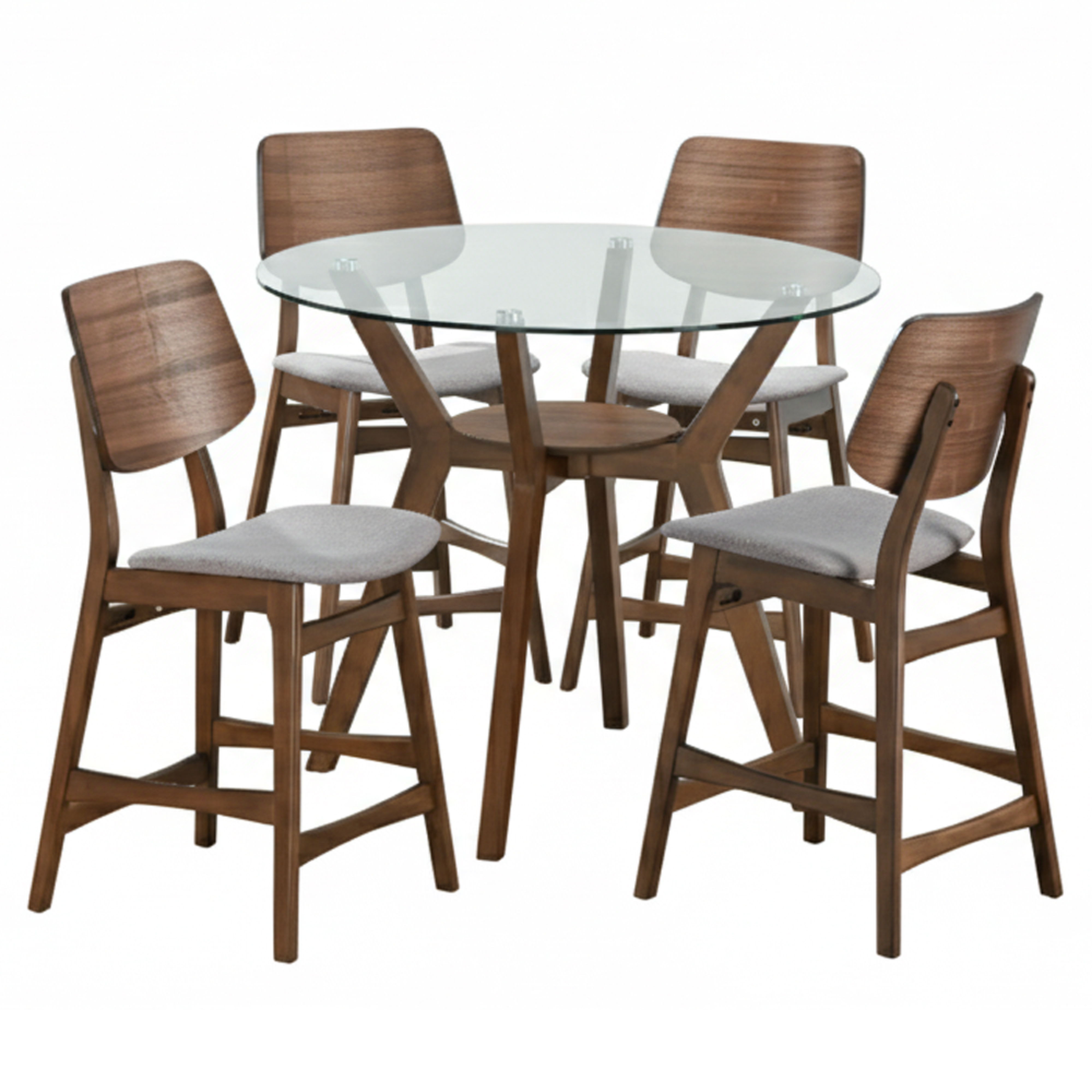 Oscar - Round Glass Counter Table With 4 Gray Cushion Chairs - Brown / Gray