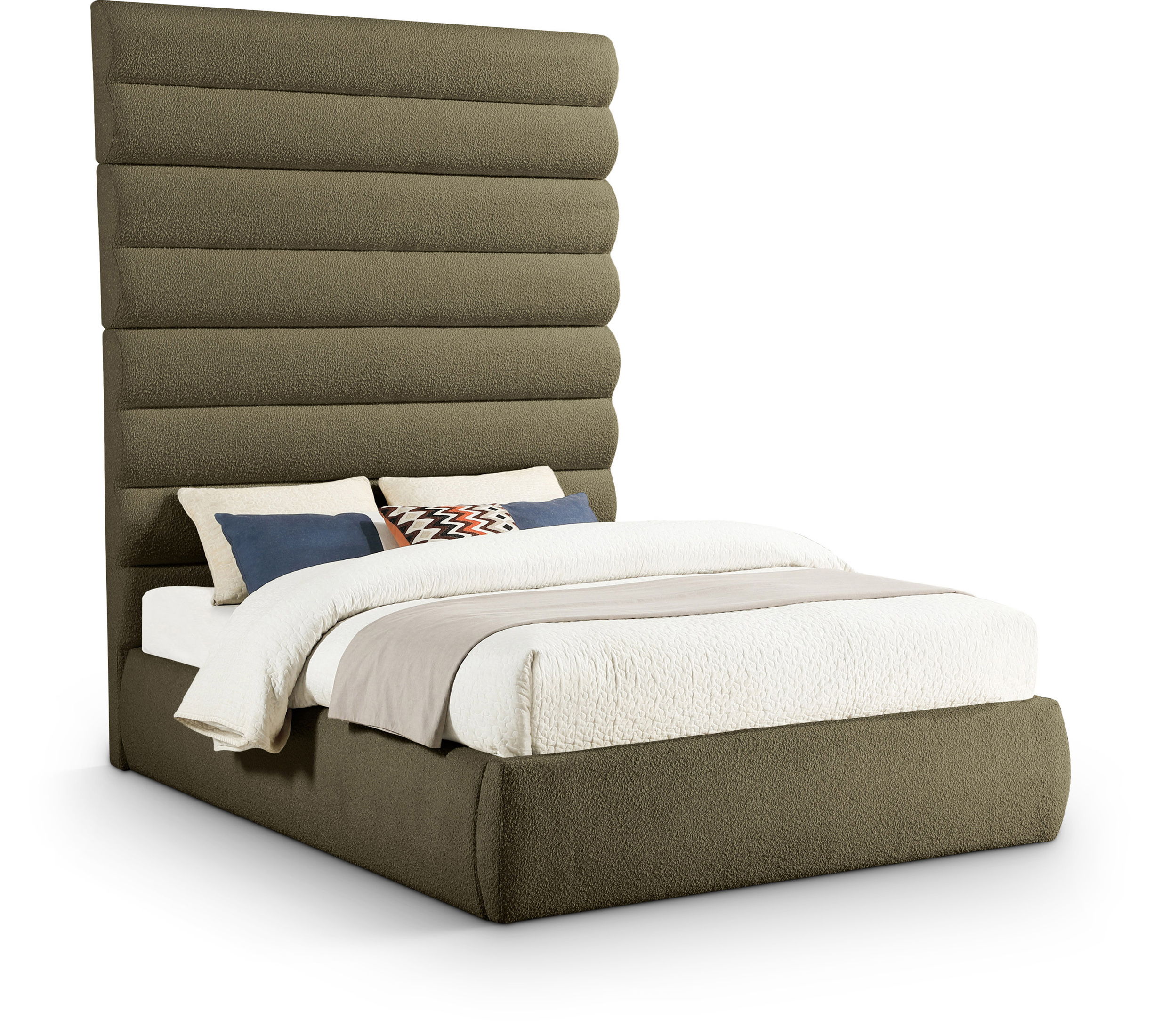 Adam - Boucle Fabric Queen Bed With 89" Headboard - Olive