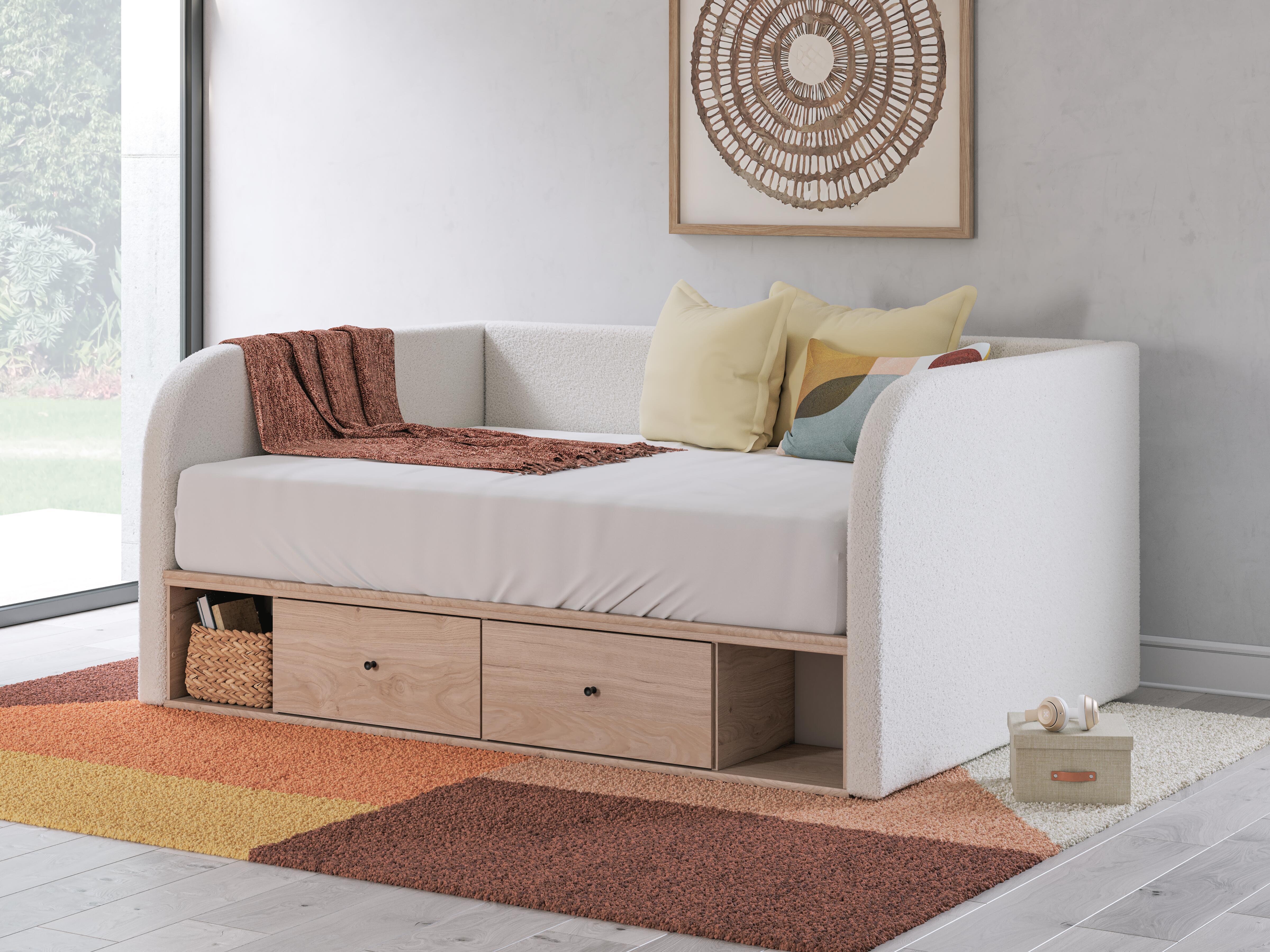 Arloster – Full Upholstered Day Bed With Storage – Tan / White