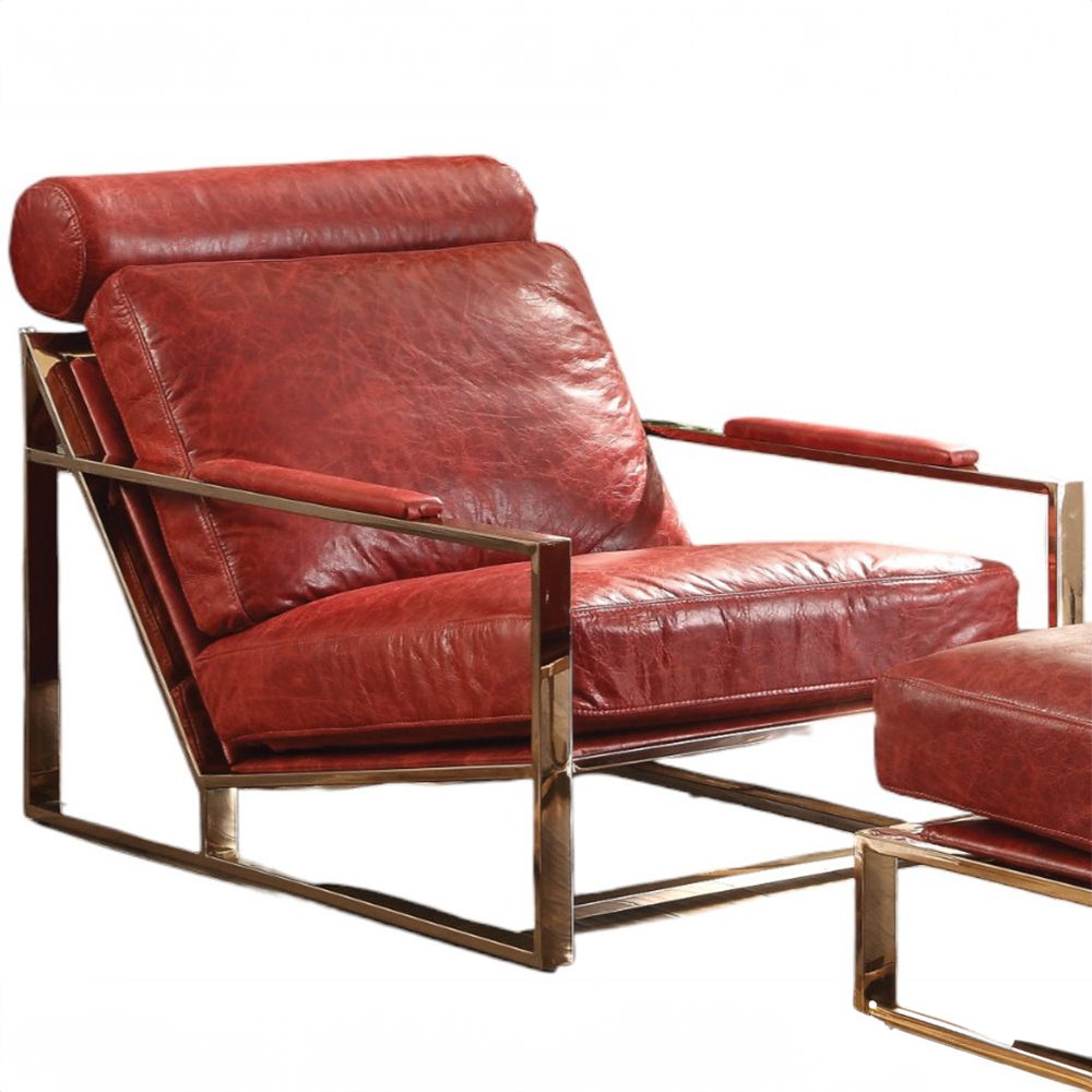 Quinto - Accent Chair - Antique Red Top Grain Leather & Stainless Steel, red