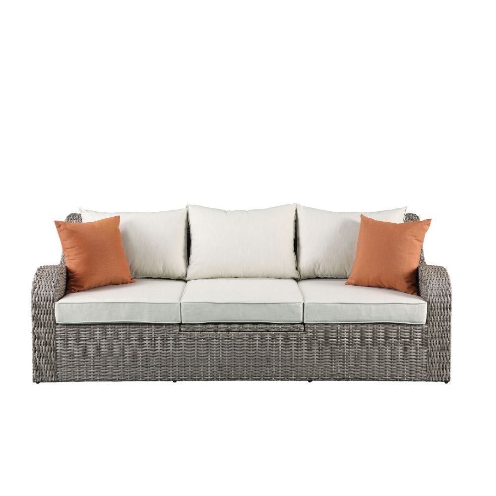 Salena - Patio Sofa With 2 Pillows & 2 Ottomans - Beige Fabric & Gray Wicker, beige, view 5