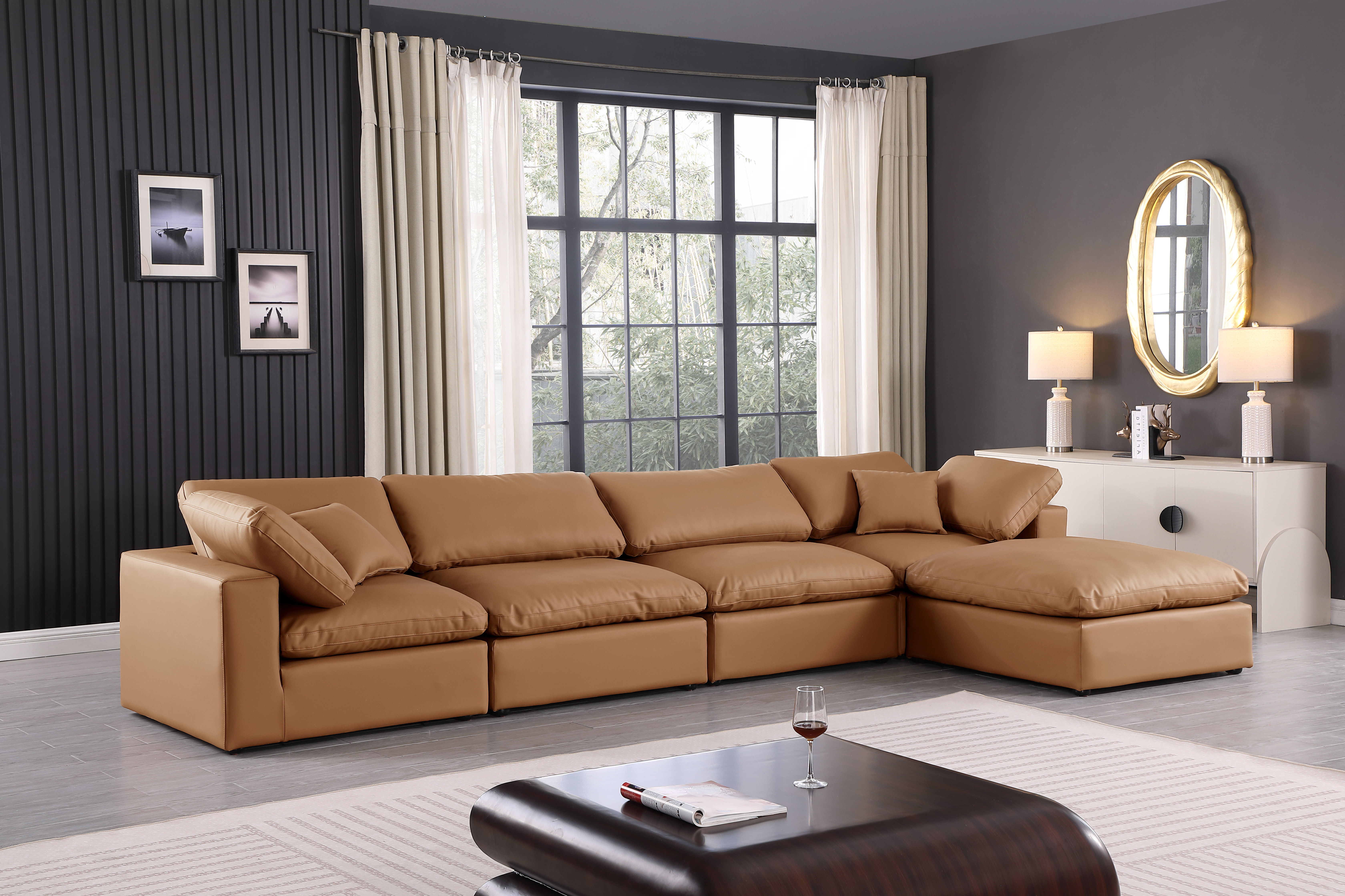 Comfy - 5 Piece Faux Leather Modular Sectional With Chaise - Cognac