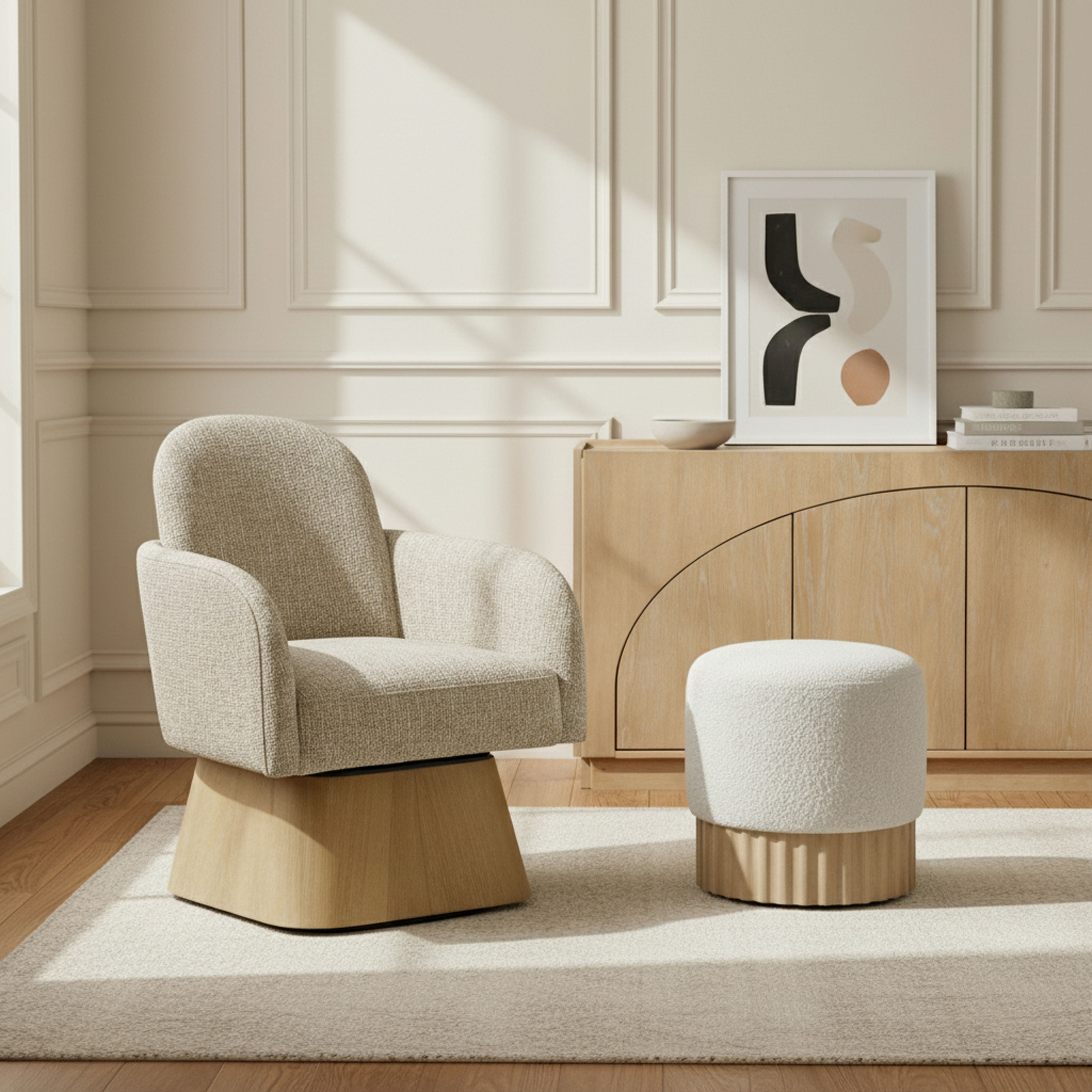 Marlowe - Linen Textured Fabric Upholstered Swivel Accent Chair - Beige / Stained Natural