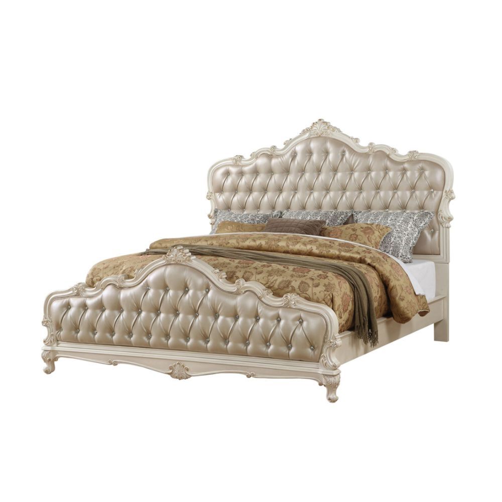 Chantelle - Queen Bed - Rose Gold Synthetic Leather & Pearl White, beige