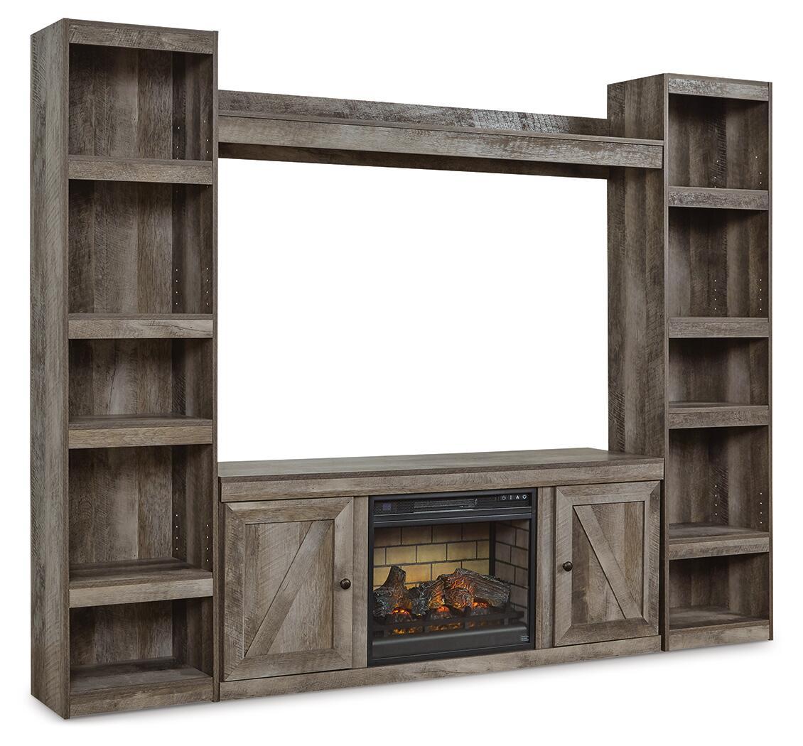 Wynnlow – 4-Piece Entertainment Center With 60″ TV Stand And Faux Firebrick Fireplace Insert – Gray