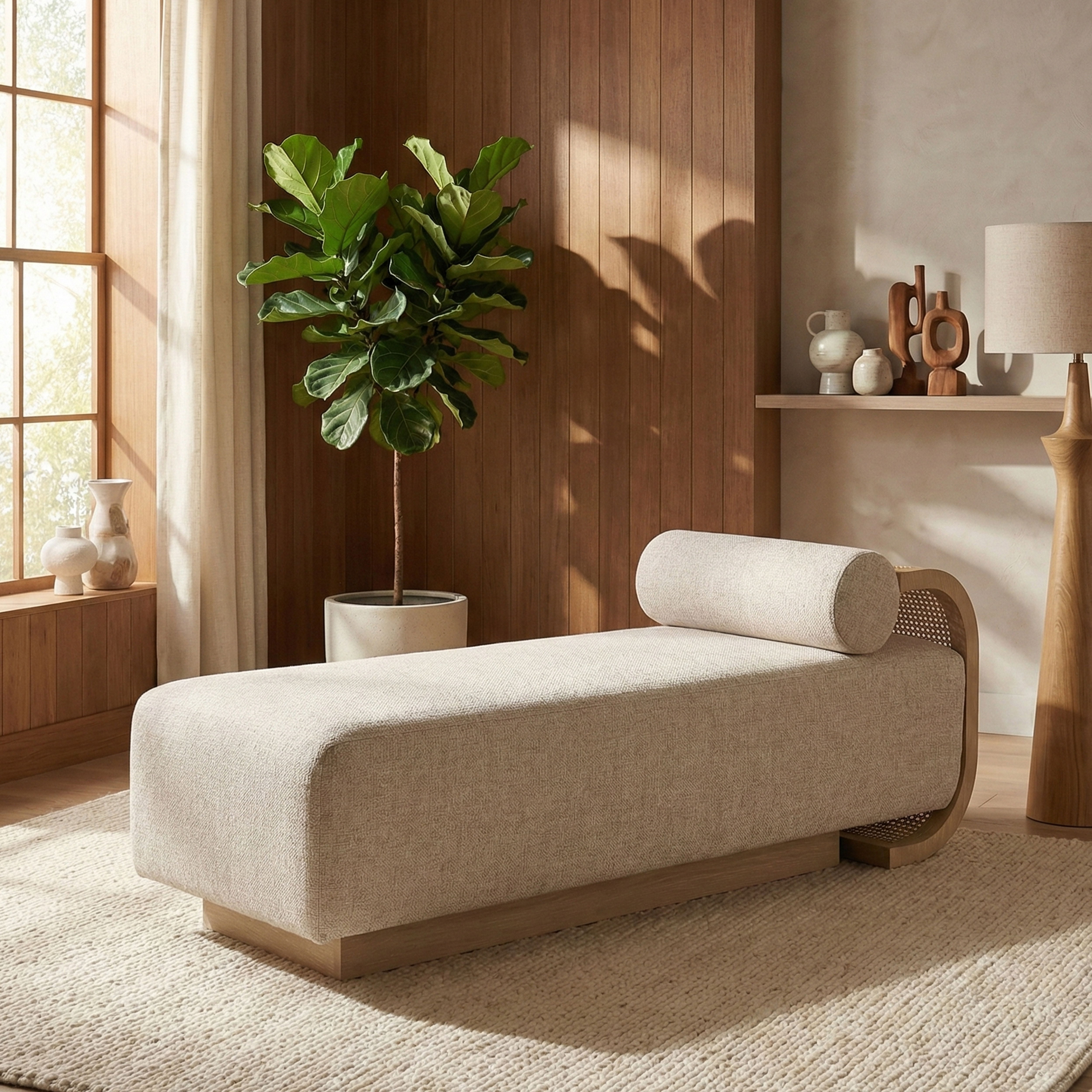 Zephyr - Linen Textured Fabric Upholstered Chaise - Beige / Painted Natural