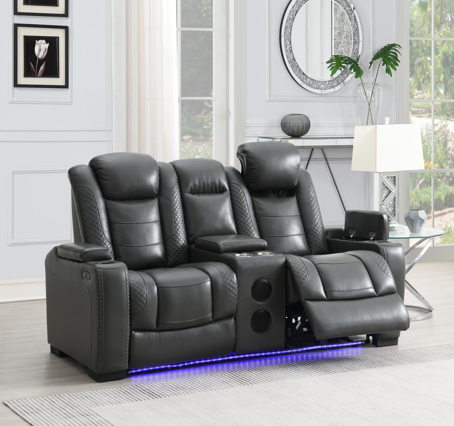 LED Power Reclining With Power Headrest, Bluetooth Speaker, And Drop Down Table Loveseat