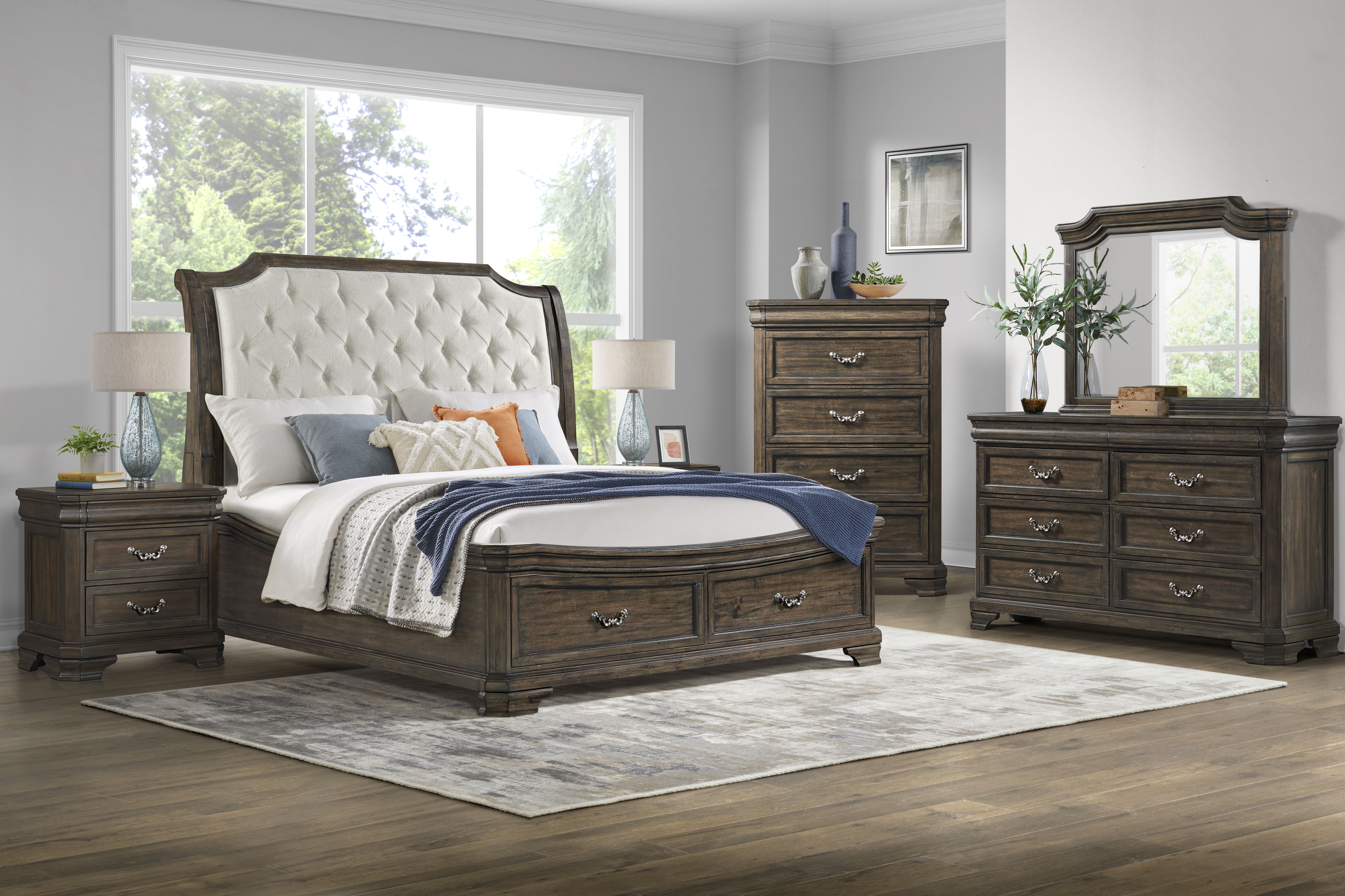 Lyndhurst - 6/0 Western King 5 Piece Bedroom Set (Bed, Dresser, Mirror, Chest, Nightstand) - Walnut