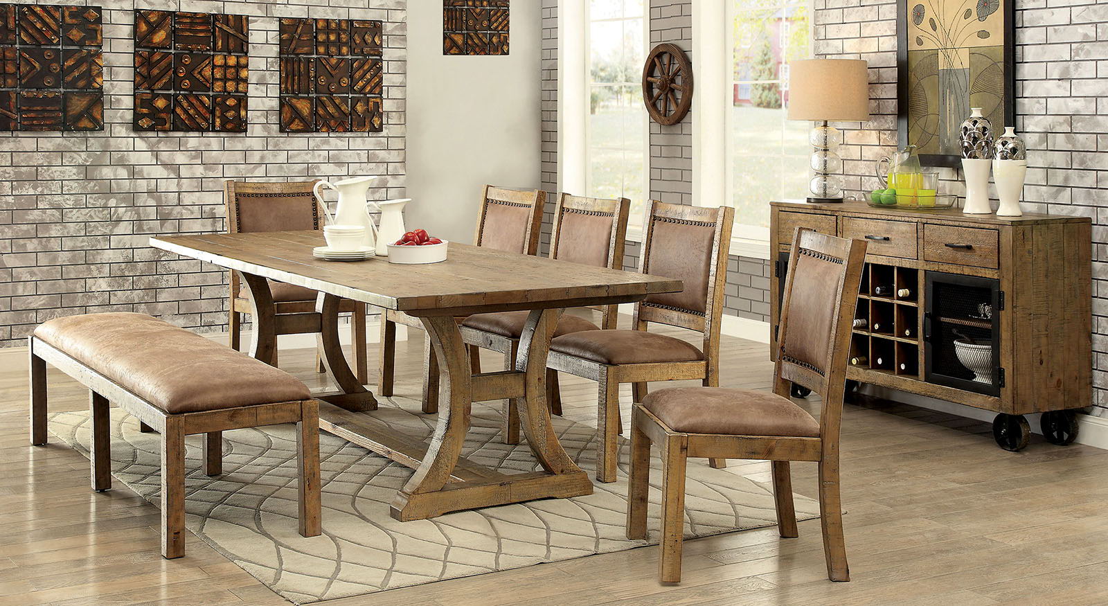 Gianna 7 Piece Dining Table Set (With 2 Wingback Chairs) Rustic Oak