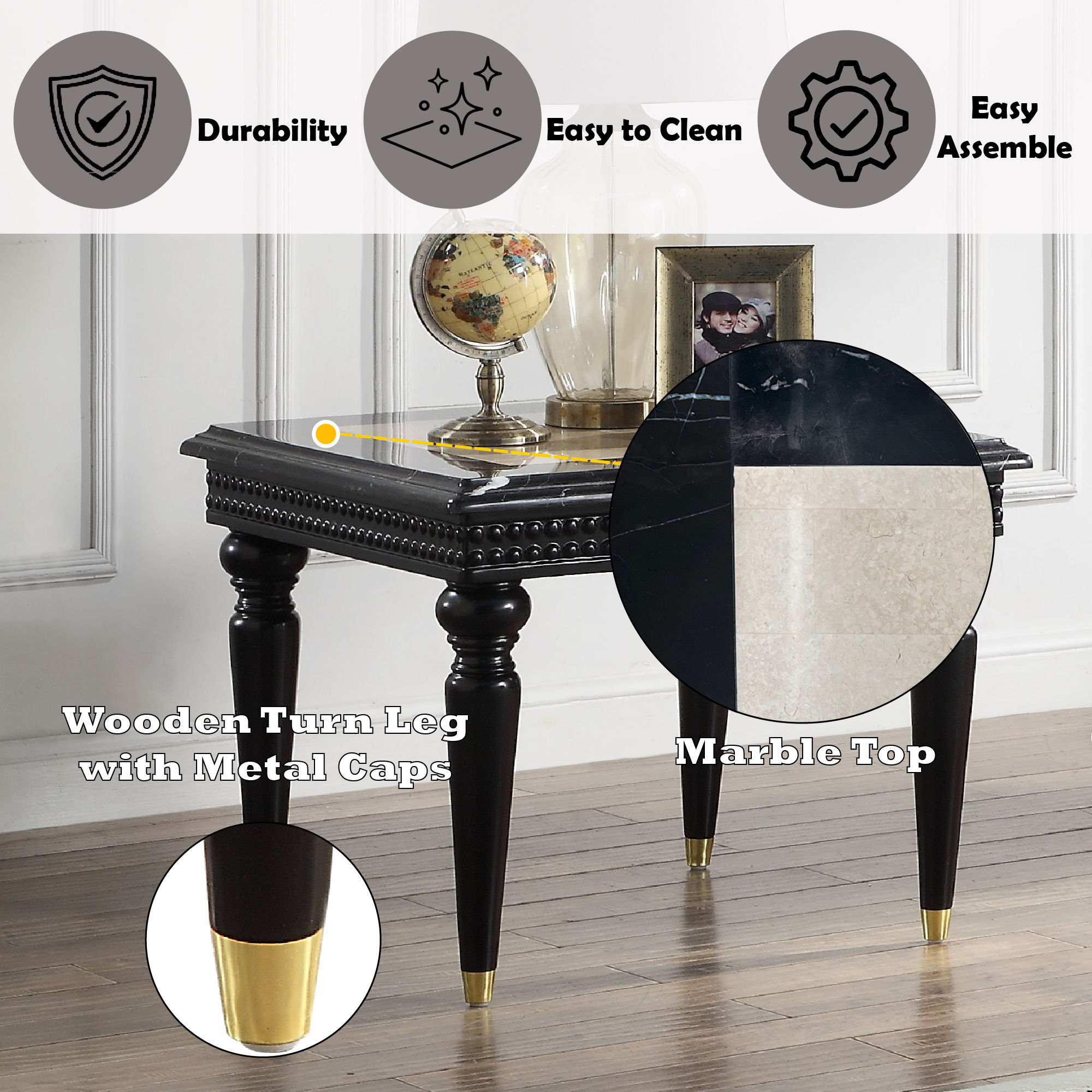 Tayden - End Table With Marble Top - Marble Top & Black, black, view 5