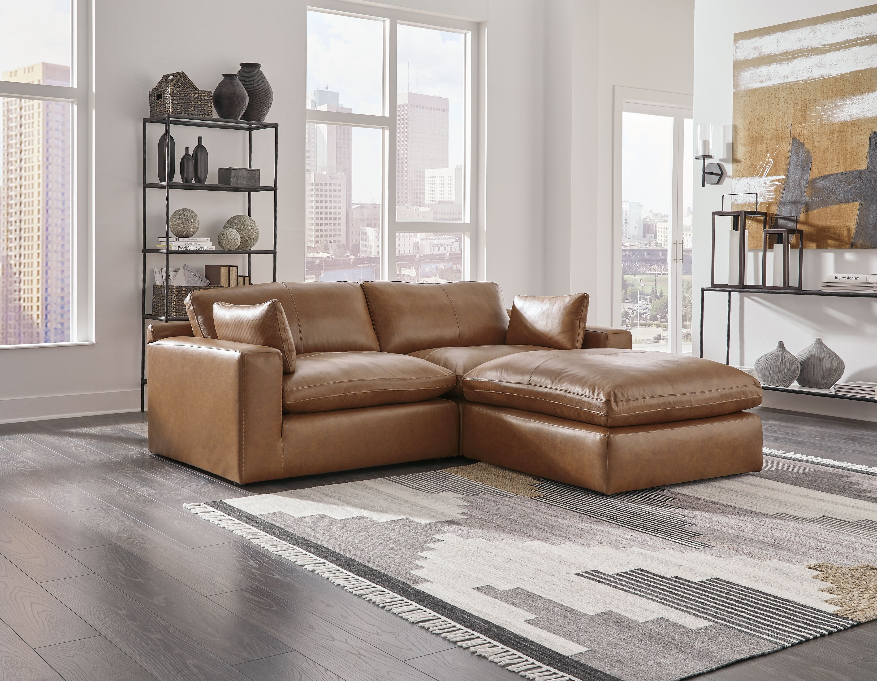 Ashley Emilia - Caramel - 3 Pc. - 2-Piece Sectional Loveseat, Ottoman