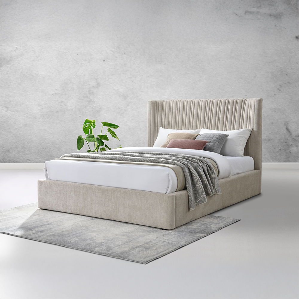 Loren - Queen Bed - Beige Fabric, beige