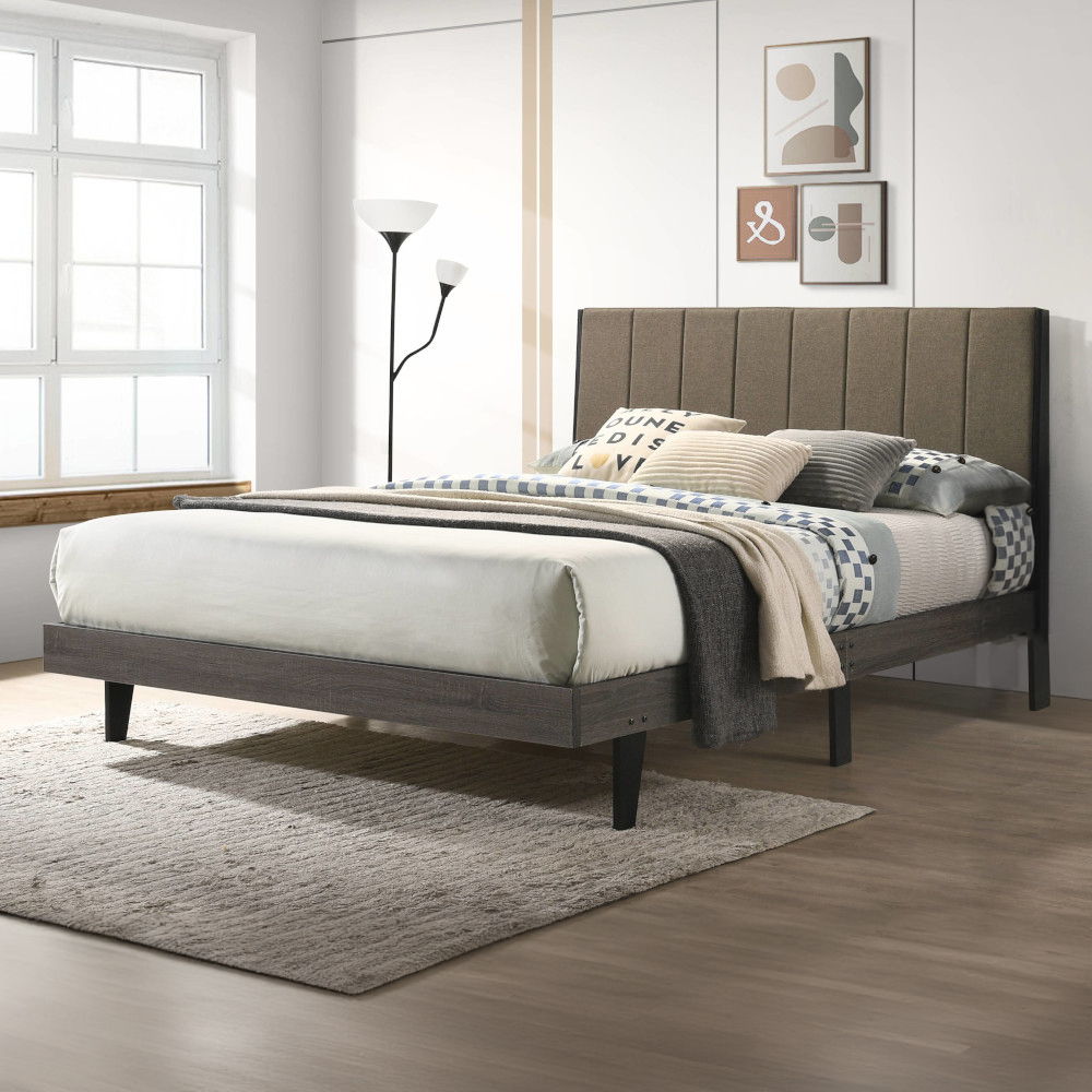 Valdemar - Queen Bed - Brown Fabric & Weathered Gray, dark brown