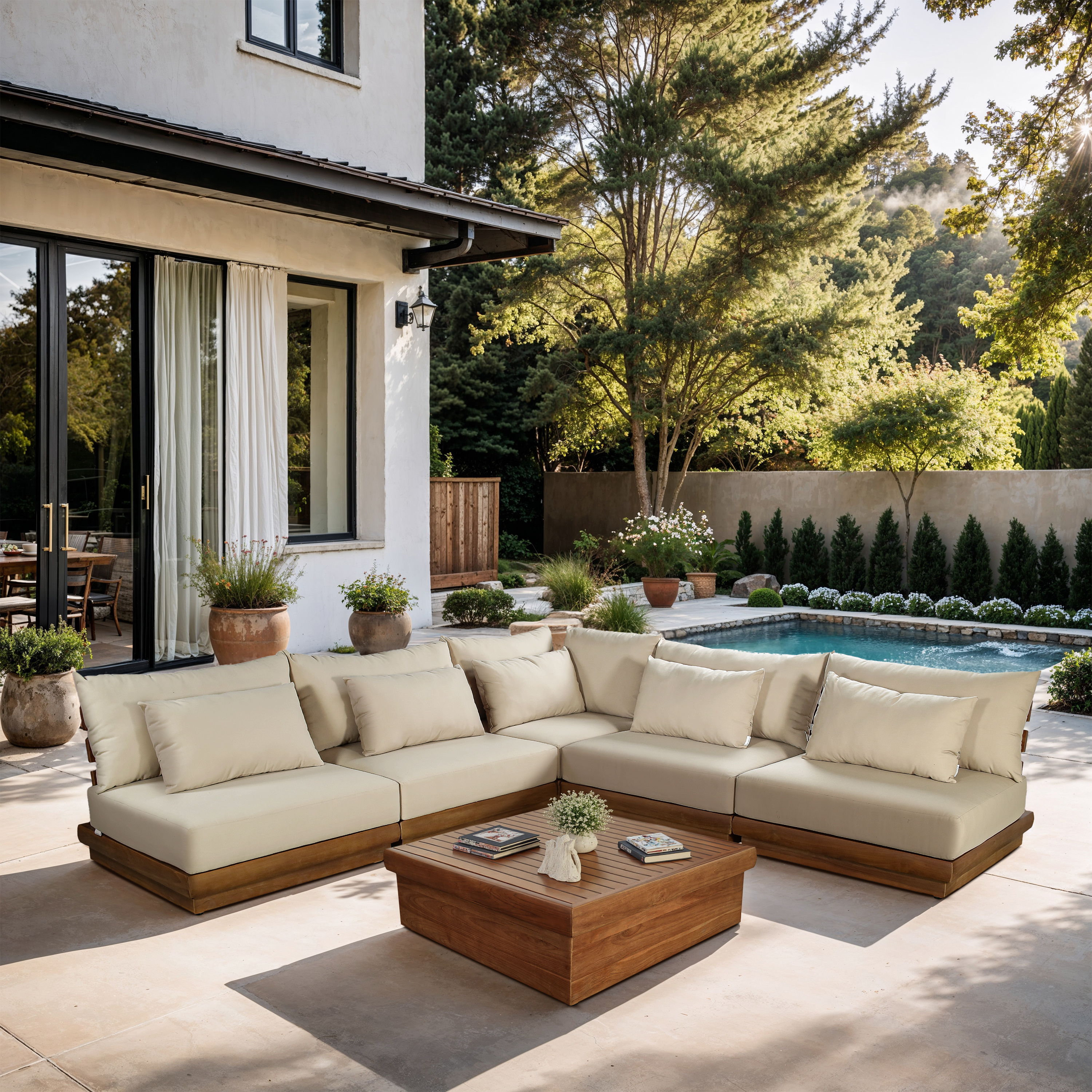 Mirella - 5 Piece Water Resistant Fabric 112" Upholstered Outdoor Patio Modular Sectional - Tan