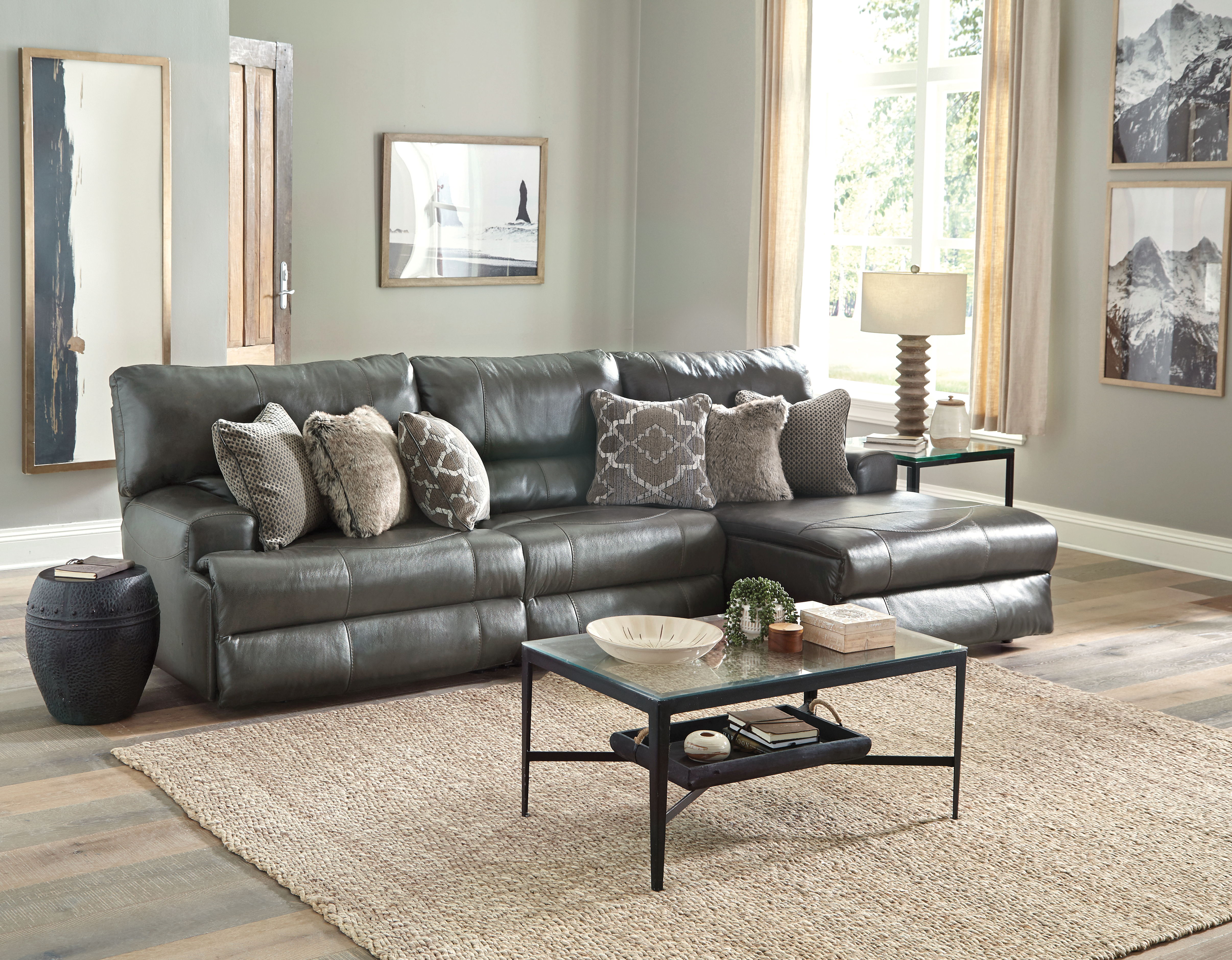 3 Pc · Italian Leather Match Power Reclining Sofa / Chaise With 1 Lay Flat Reclining Seat And RSF Chaise