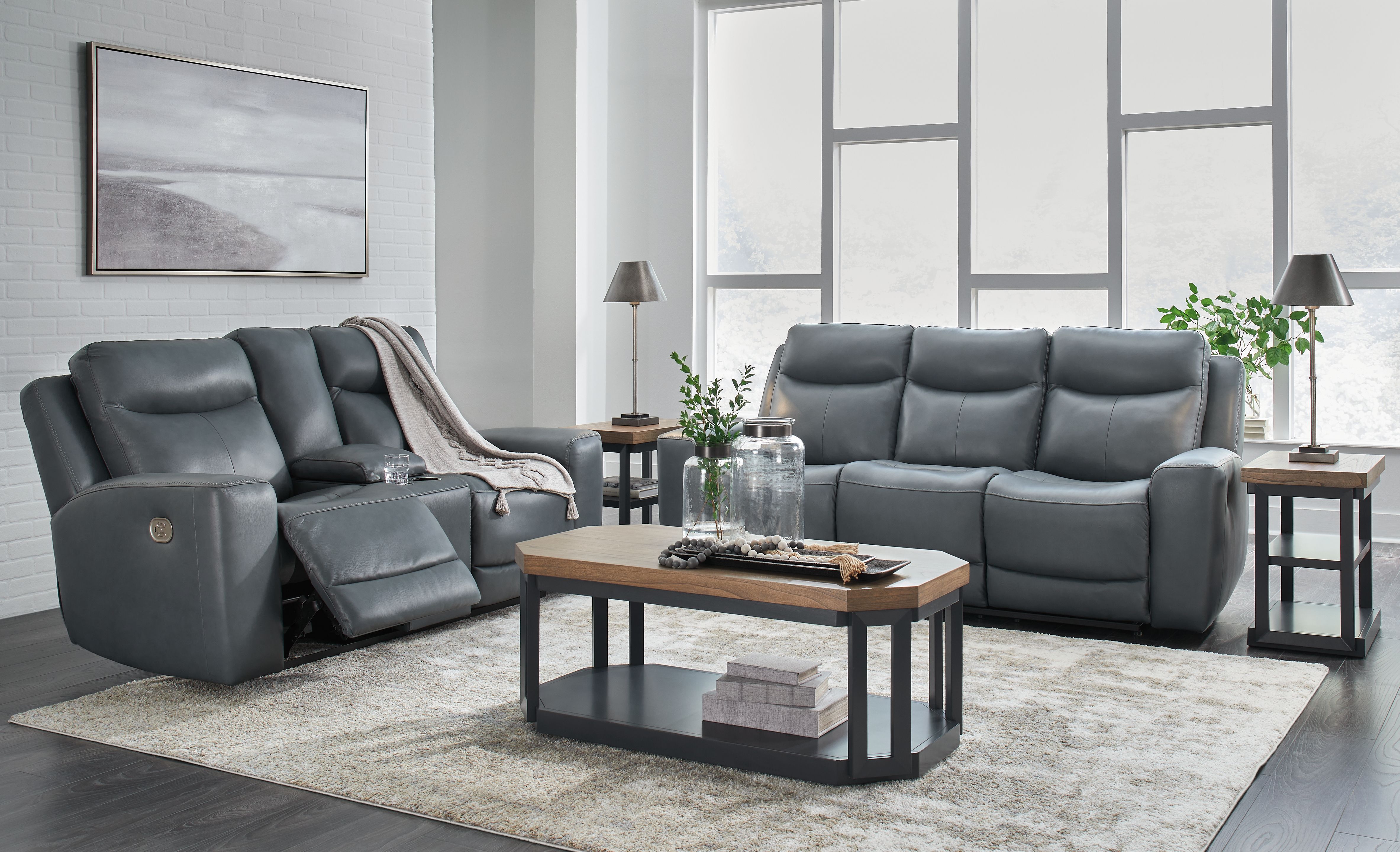 Ashley Mindanao - Steel - 2 Pc. - Power Reclining Sofa, Power Reclining Loveseat with Console