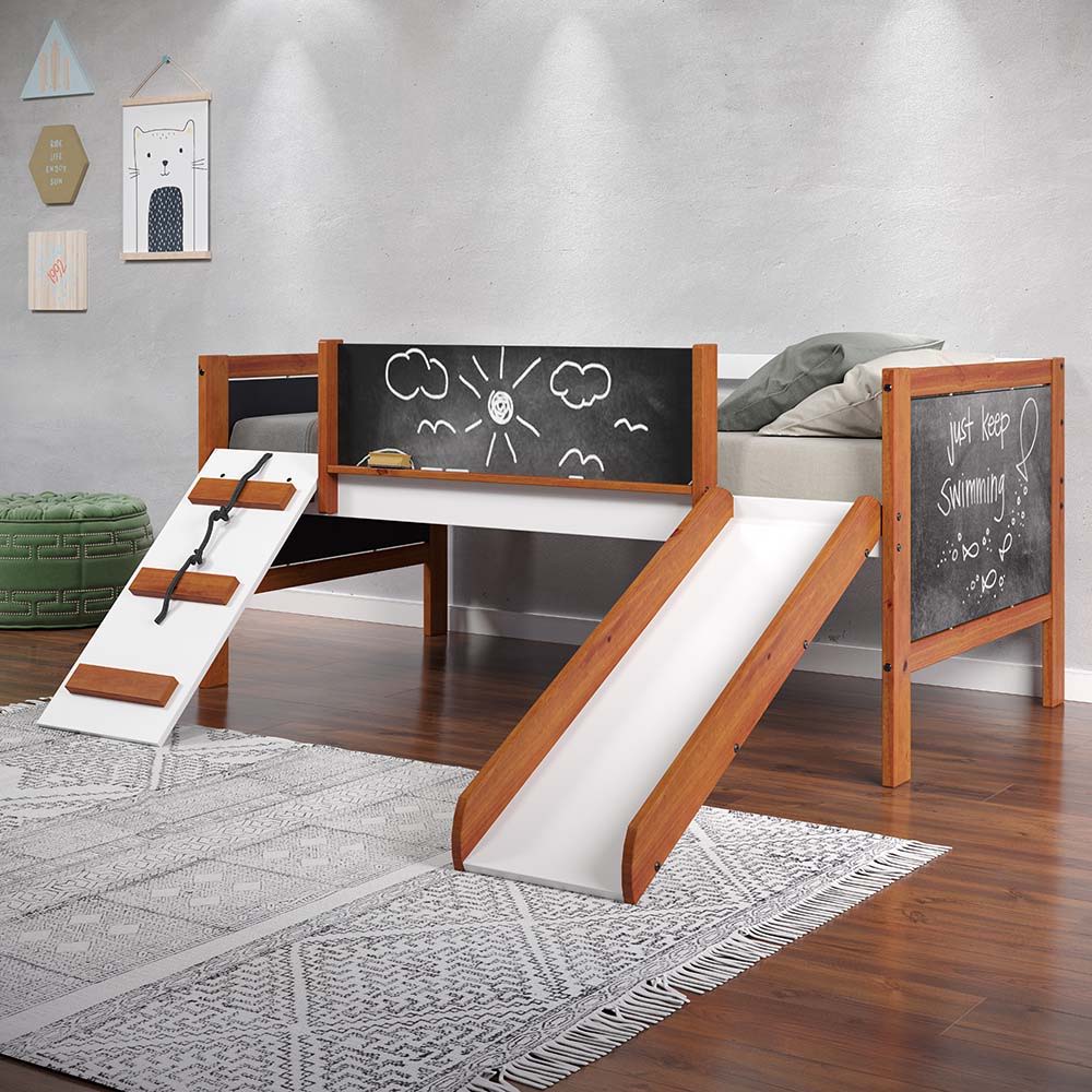 Aurea - Twin Loft Bed With Slide - Cherry Oak & White, dark brown
