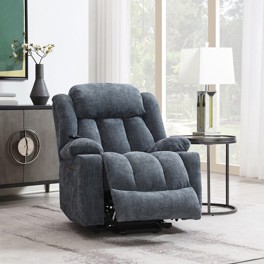 Omarion - Power Recliner With Lift & Heating & Massage - Blue Chenille, blue