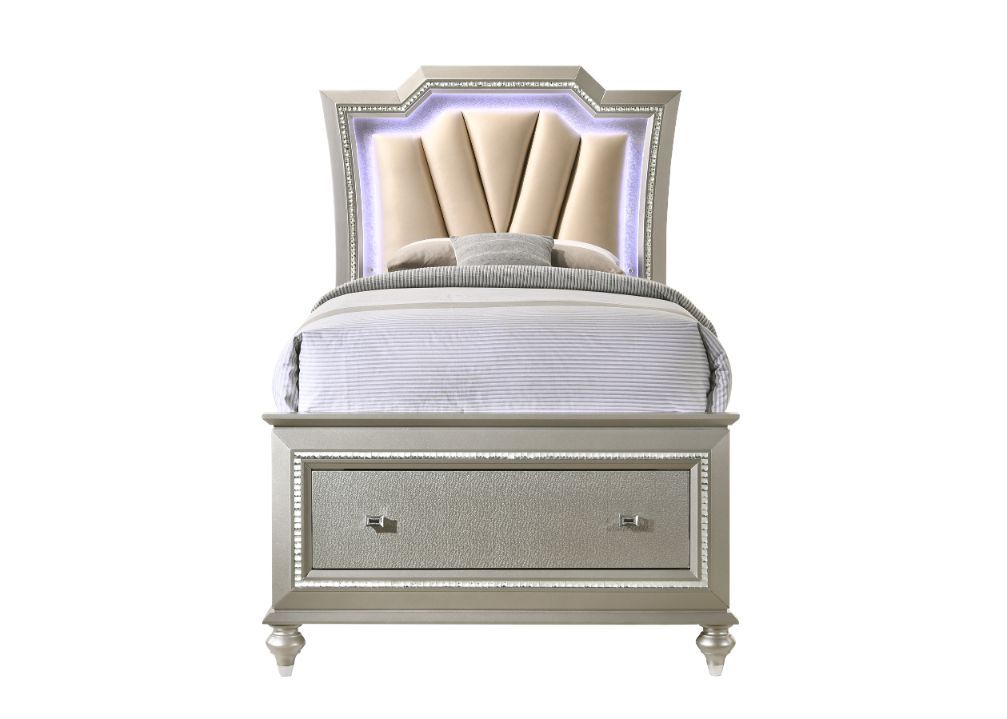 Kaitlyn - Full Bed With LED & Storage - Synthetic Leather & Champagne, beige, view 2