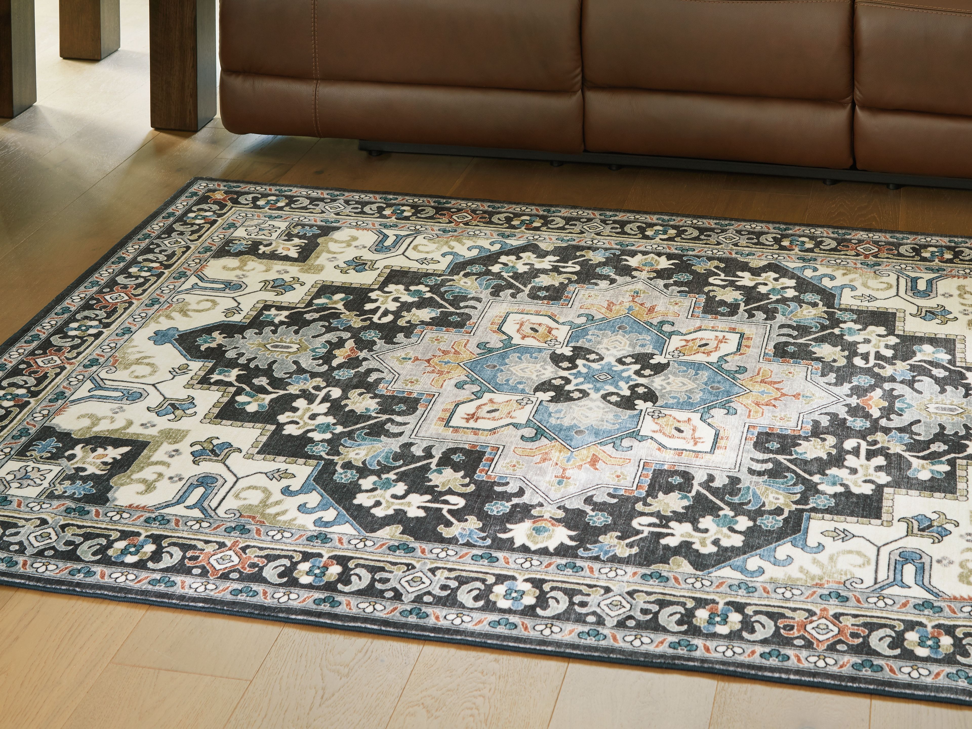 Leningston - 5' x 7' Washable Rug - Black / Cream / Blue