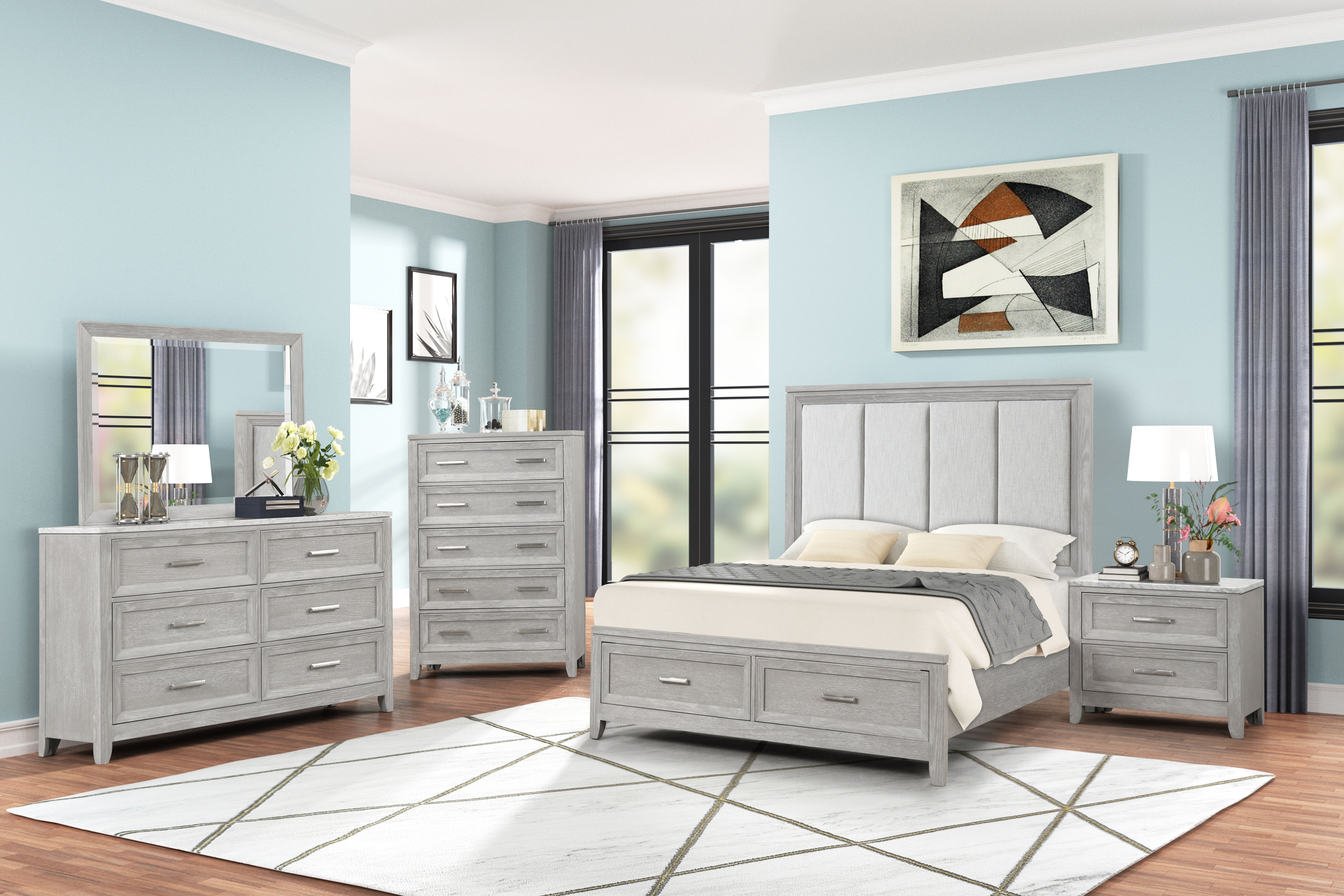 Fiona - 5/0 Queen 5 Piece Bedroom Set (Bed & Dresser & Mirror & Chest & Nightstand) - Gray