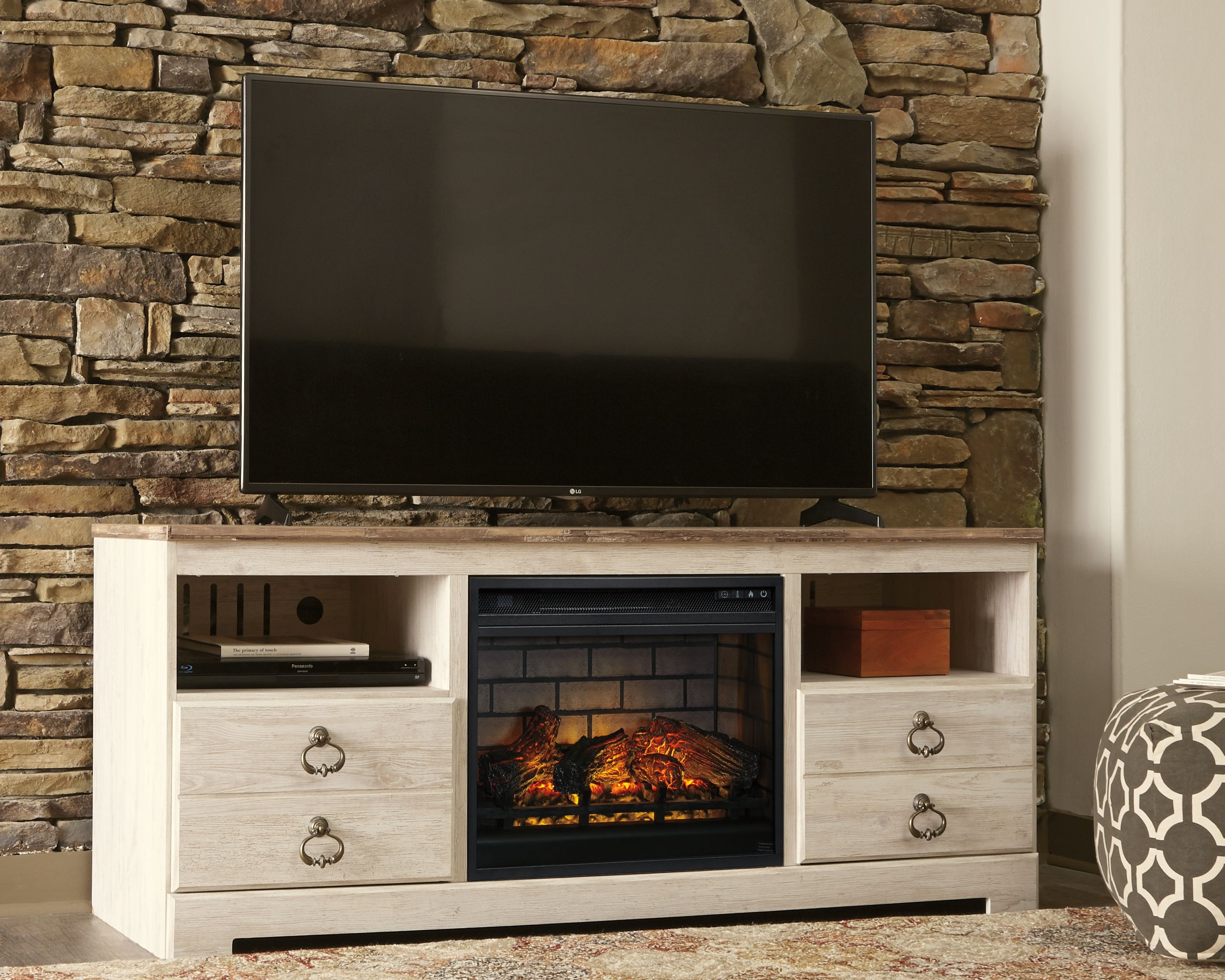 Ashley Furniture Willowton - 2 Pc. - 64" TV Stand With Faux Firebrick Fireplace Insert - Whitewash - Image 2