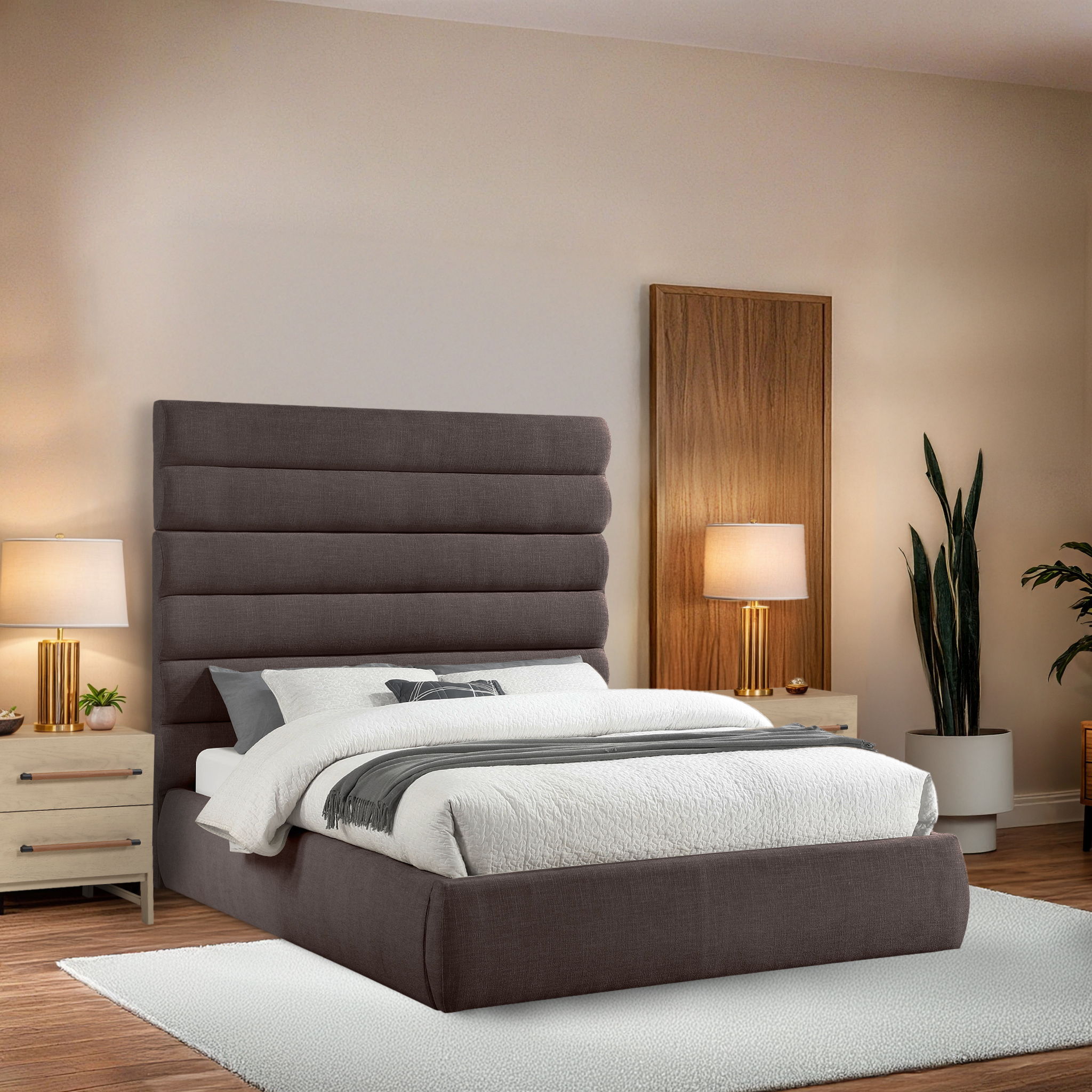 Adam - Linen Fabric Queen Bed With 70.5" Headboard - Brown