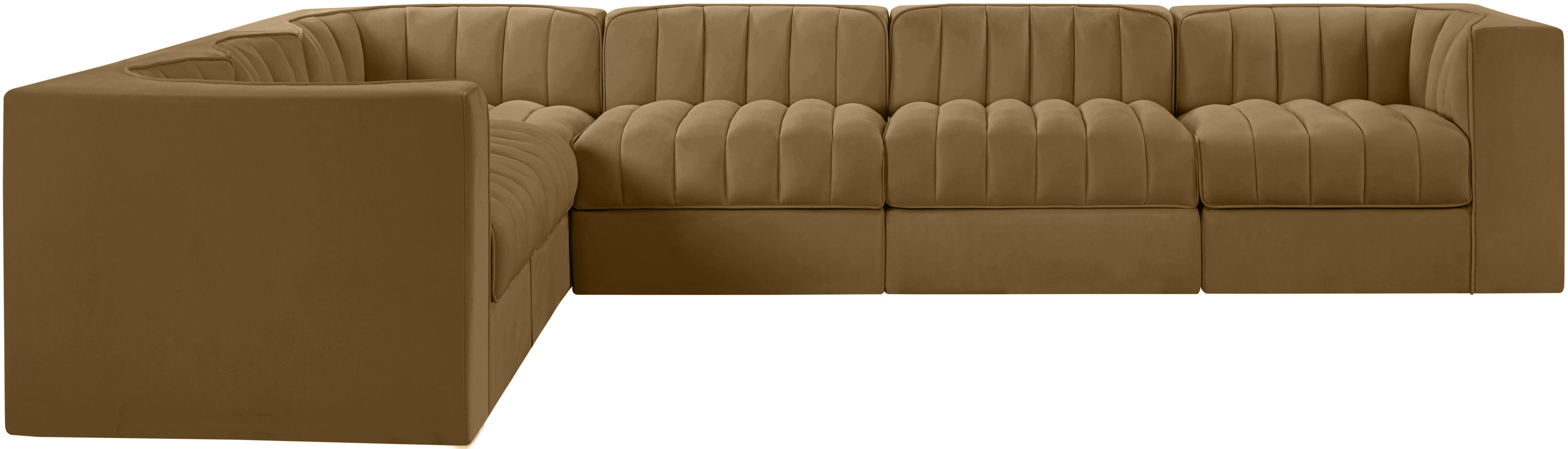 Rummi - Velvet Performance Fabric Upholstered 6 Piece Modular Sectional (With 3 Corner Chairs) - Saddle