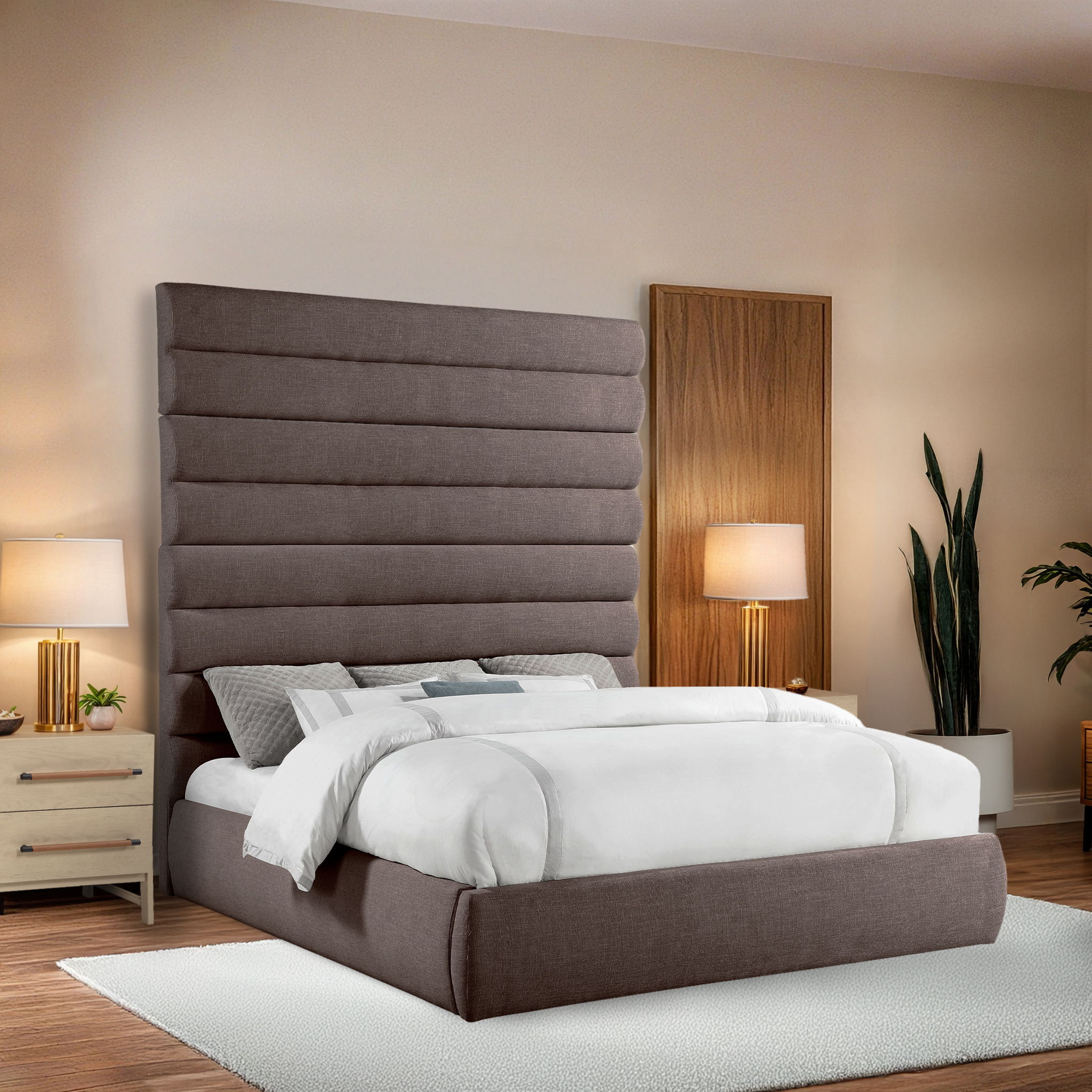 Adam - Linen Fabric King Bed With 89" Headboard - Brown