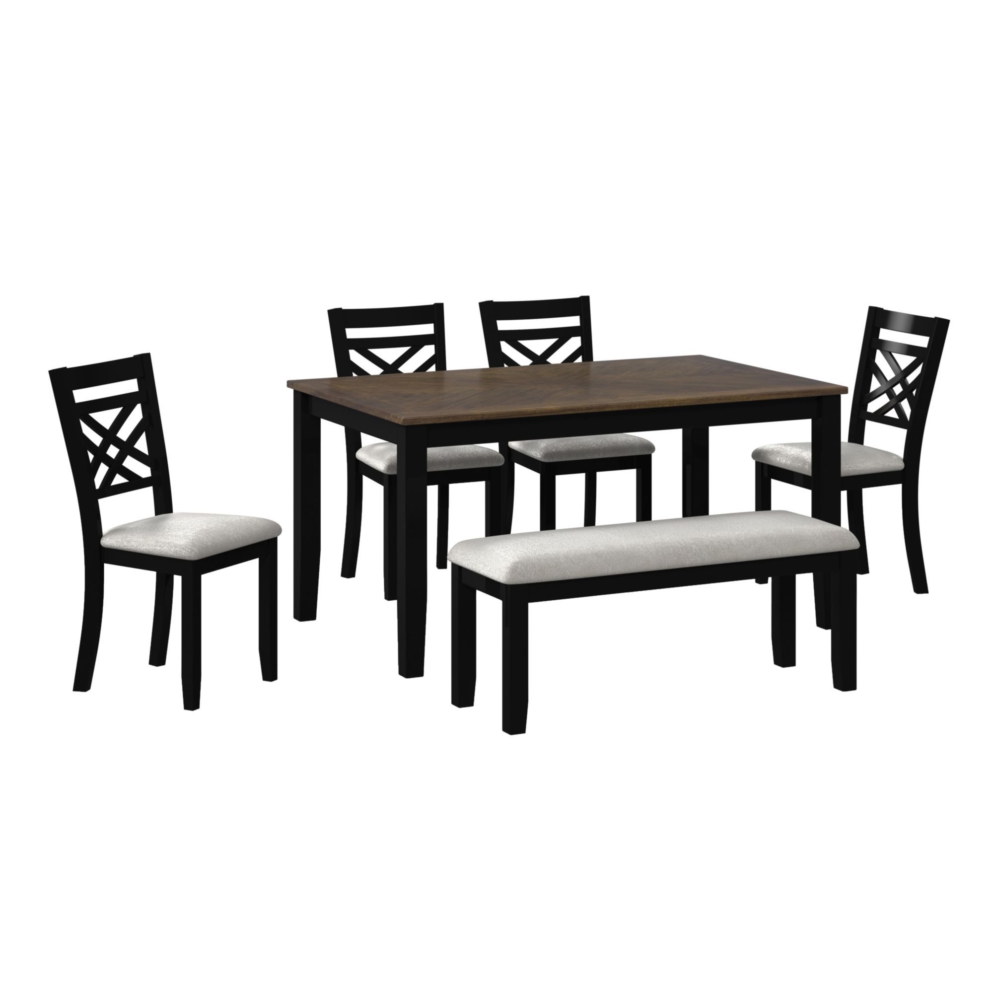 6 Pc · Dining Set With Table, 4 Wood Back And Upholstered Seat Chairs, And Bench