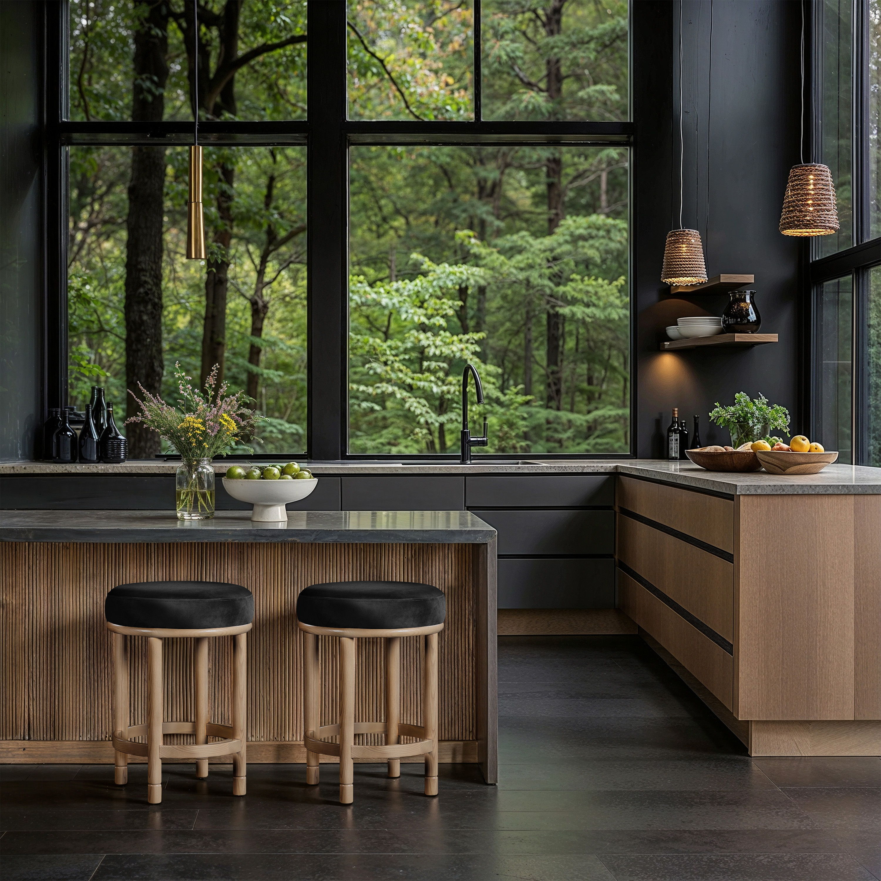 Monette - Counter Stool With Natural Base - Black