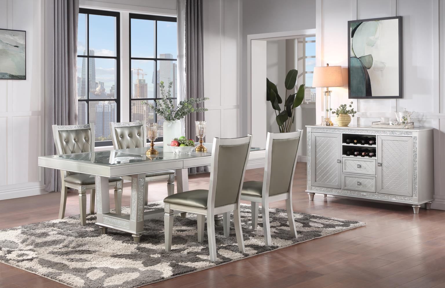 D106 - 5 Piece Dining Room Set (Table, 4 Side Chairs) - Pearl Silver