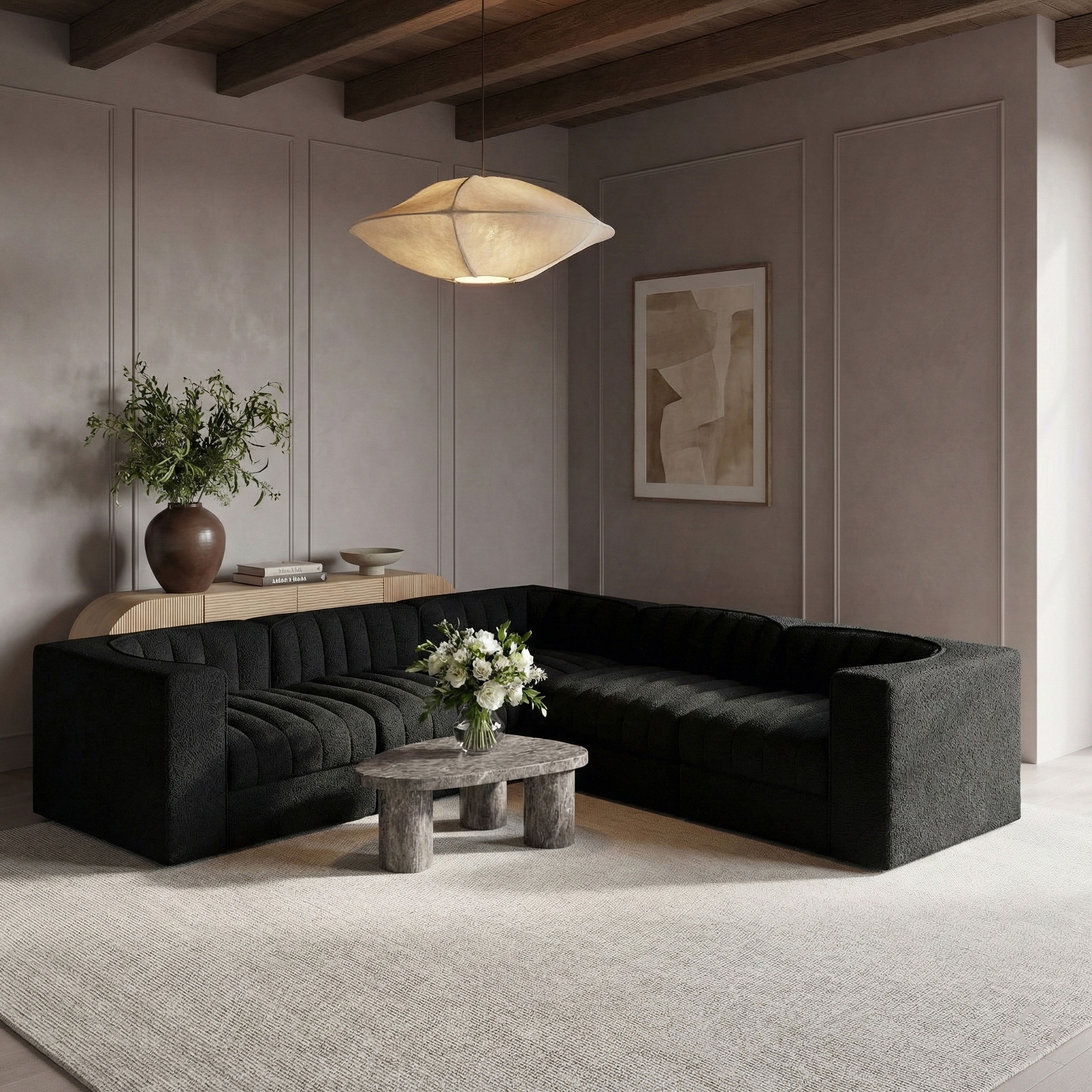 Rummi - Symmetrical Velvet Performance Fabric Upholstered 5 Piece Modular Sectional - Black